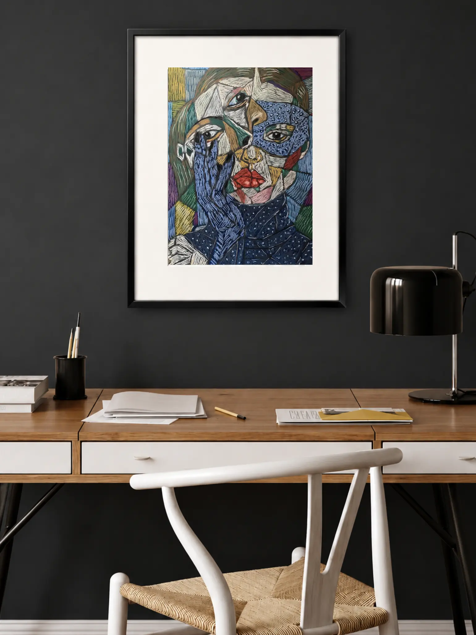An original cubist expressionist soft pastel painting by Savchenko of a woman's portrait, showing a fragmented face, a patterned blue hand, and bright red lips against a multi-colored mosaic background.