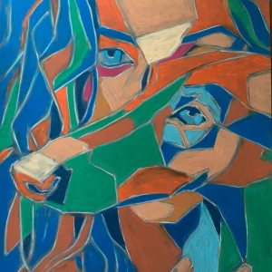An original Cubist Expressionist soft pastel painting by Savchenko of a fragmented girl's portrait, depicting a colorful mosaic of deconstructed human and implied dog features in blue, orange, and green forms.