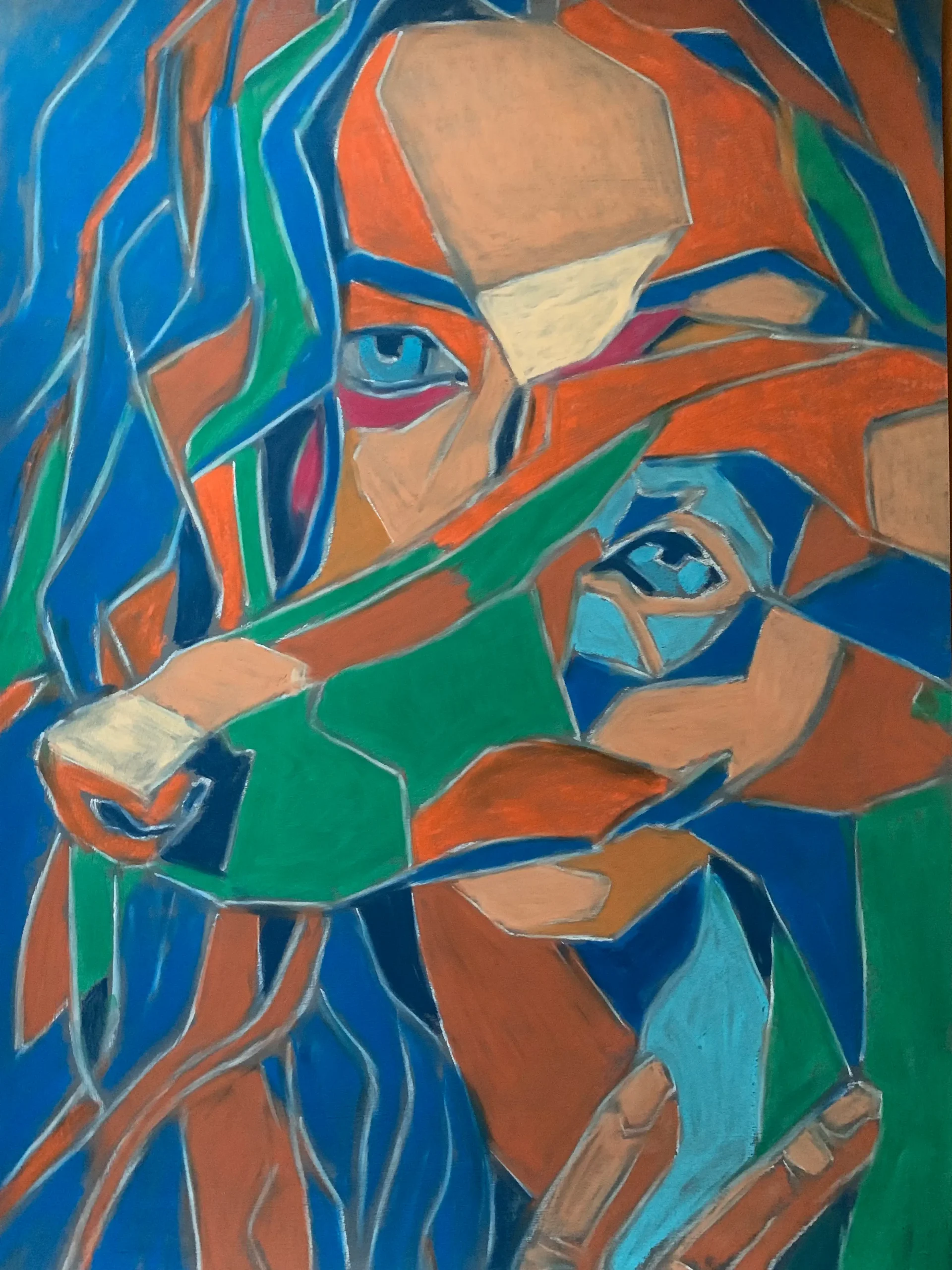 An original Cubist Expressionist soft pastel painting by Savchenko of a fragmented girl's portrait, depicting a colorful mosaic of deconstructed human and implied dog features in blue, orange, and green forms.