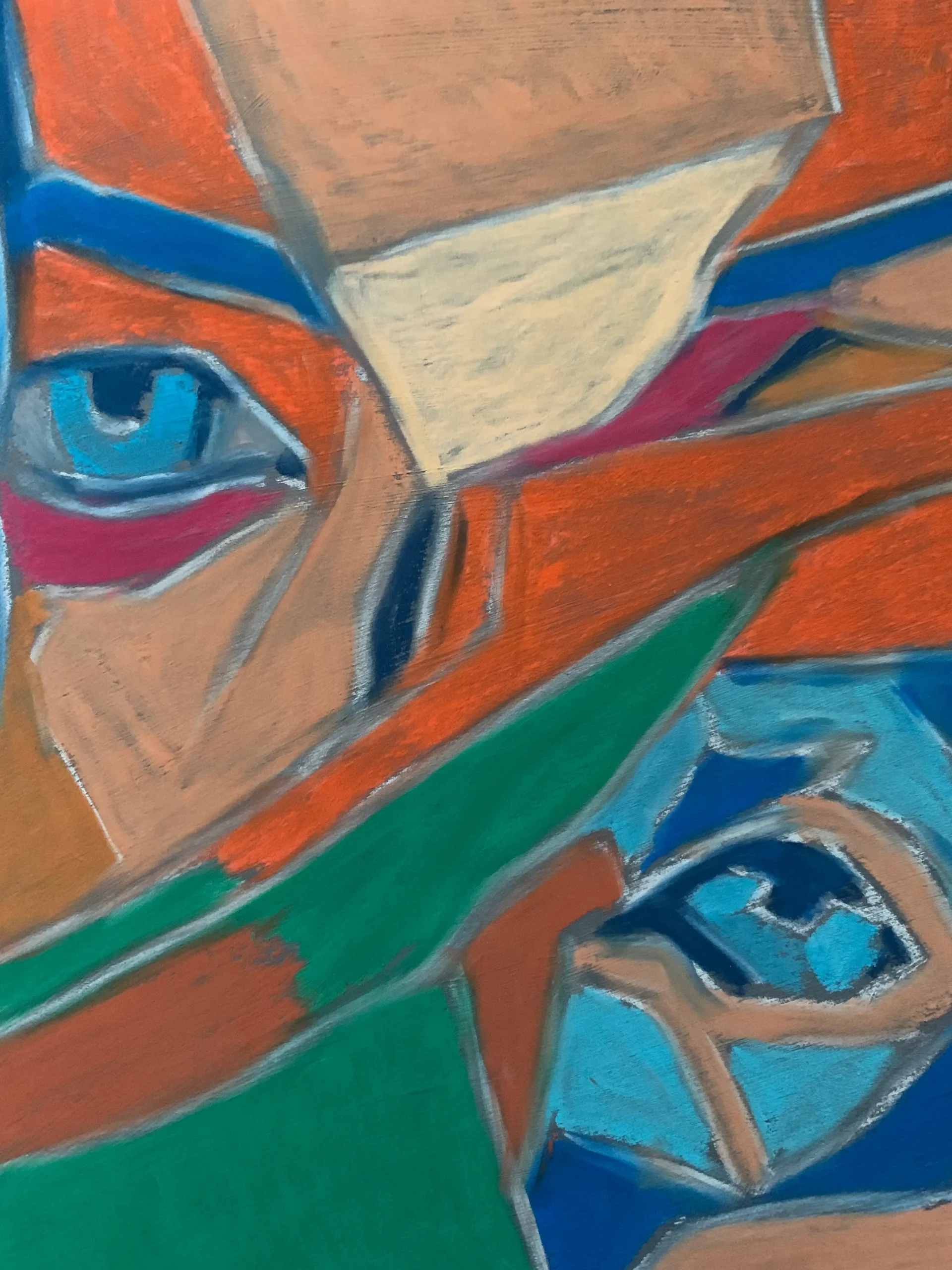An original Cubist Expressionist soft pastel painting by Savchenko of a fragmented girl's portrait, depicting a colorful mosaic of deconstructed human and implied dog features in blue, orange, and green forms.