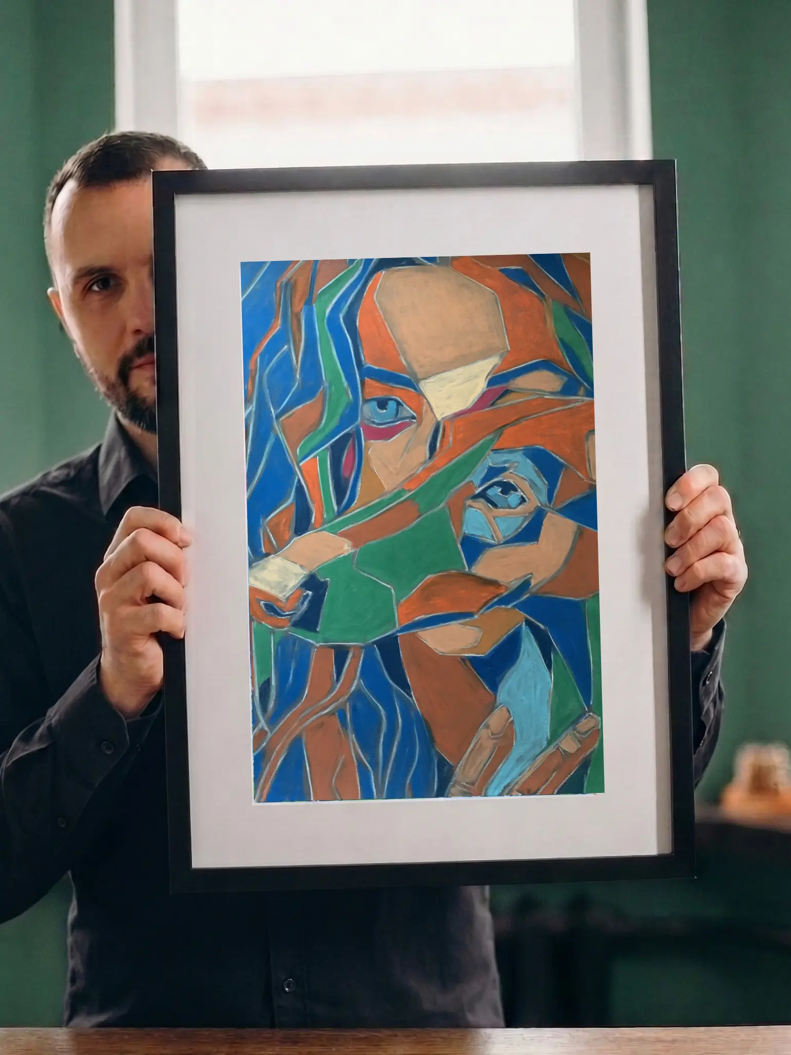 An original Cubist Expressionist soft pastel painting by Savchenko of a fragmented girl's portrait, depicting a colorful mosaic of deconstructed human and implied dog features in blue, orange, and green forms.