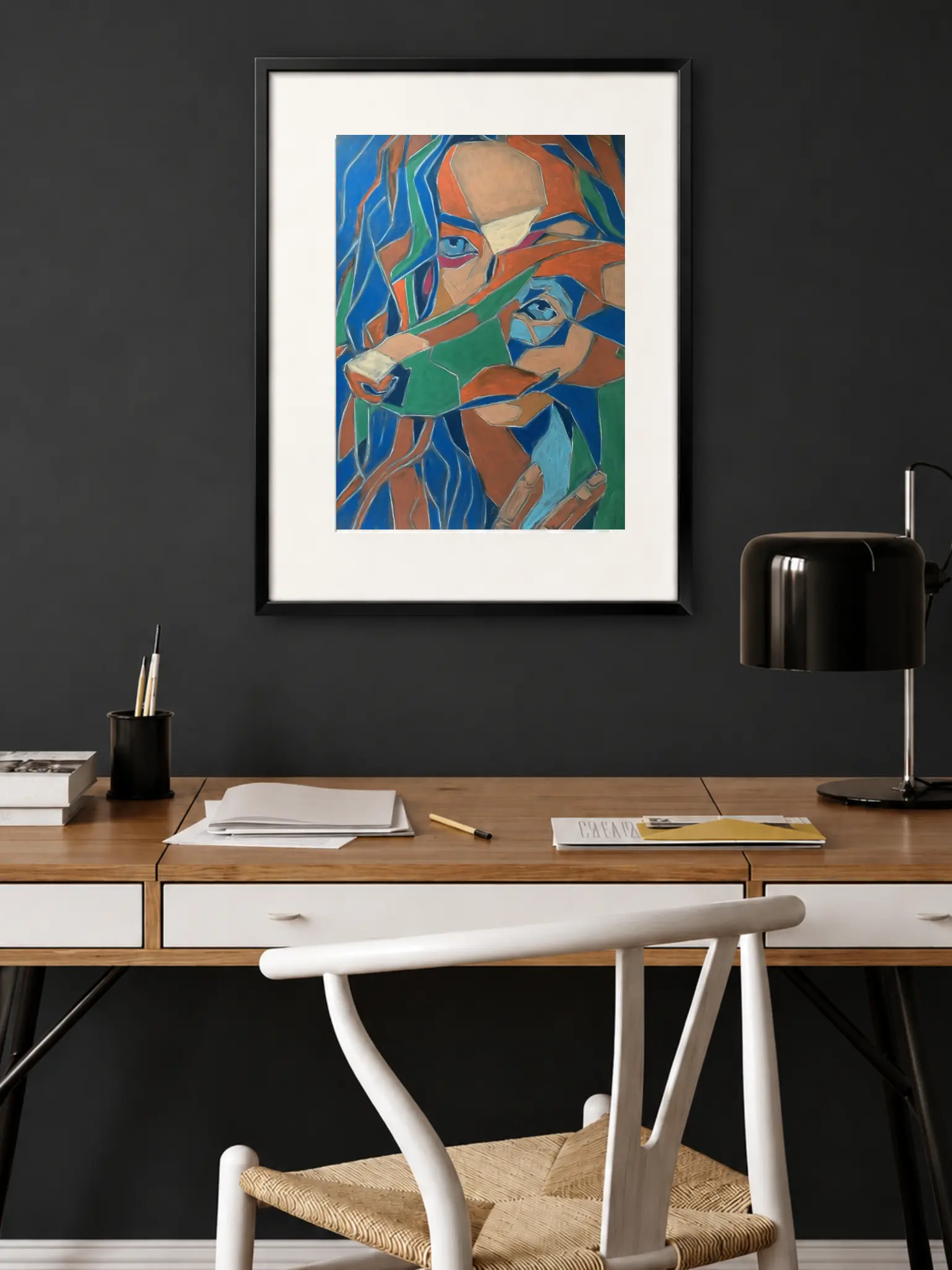 An original Cubist Expressionist soft pastel painting by Savchenko of a fragmented girl's portrait, depicting a colorful mosaic of deconstructed human and implied dog features in blue, orange, and green forms.