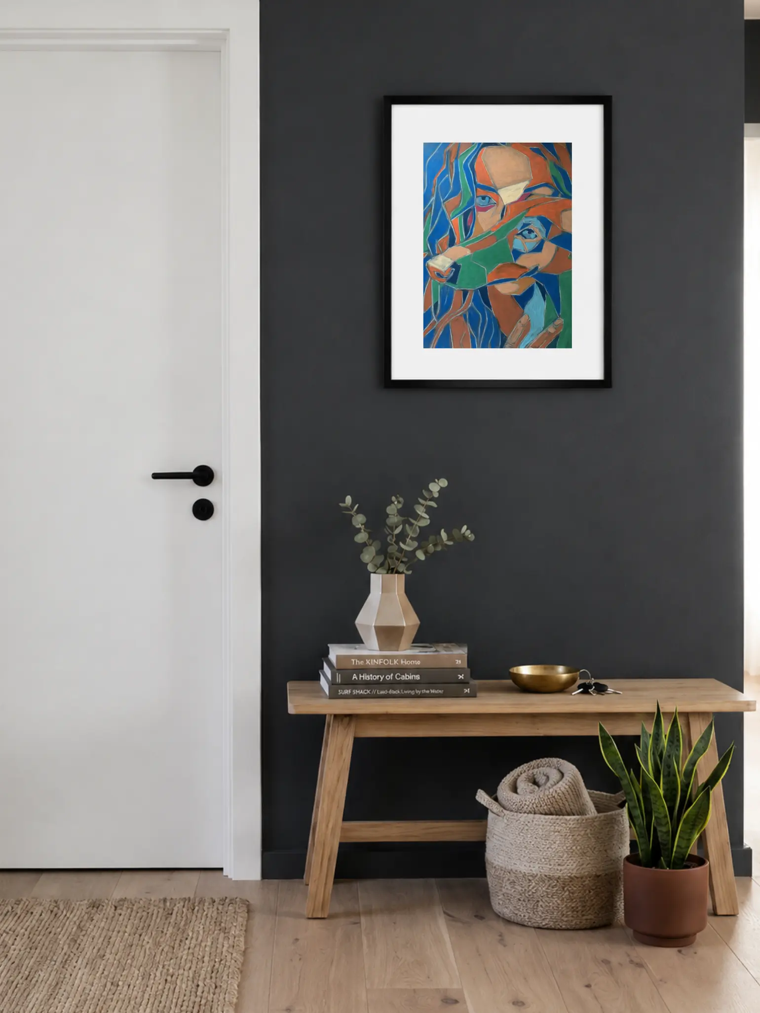 An original Cubist Expressionist soft pastel painting by Savchenko of a fragmented girl's portrait, depicting a colorful mosaic of deconstructed human and implied dog features in blue, orange, and green forms.