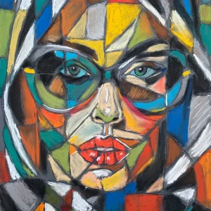 Vibrant abstract cubist portrait painting of a woman with glasses, red lips, and green eyes, composed of colorful geometric shapes.