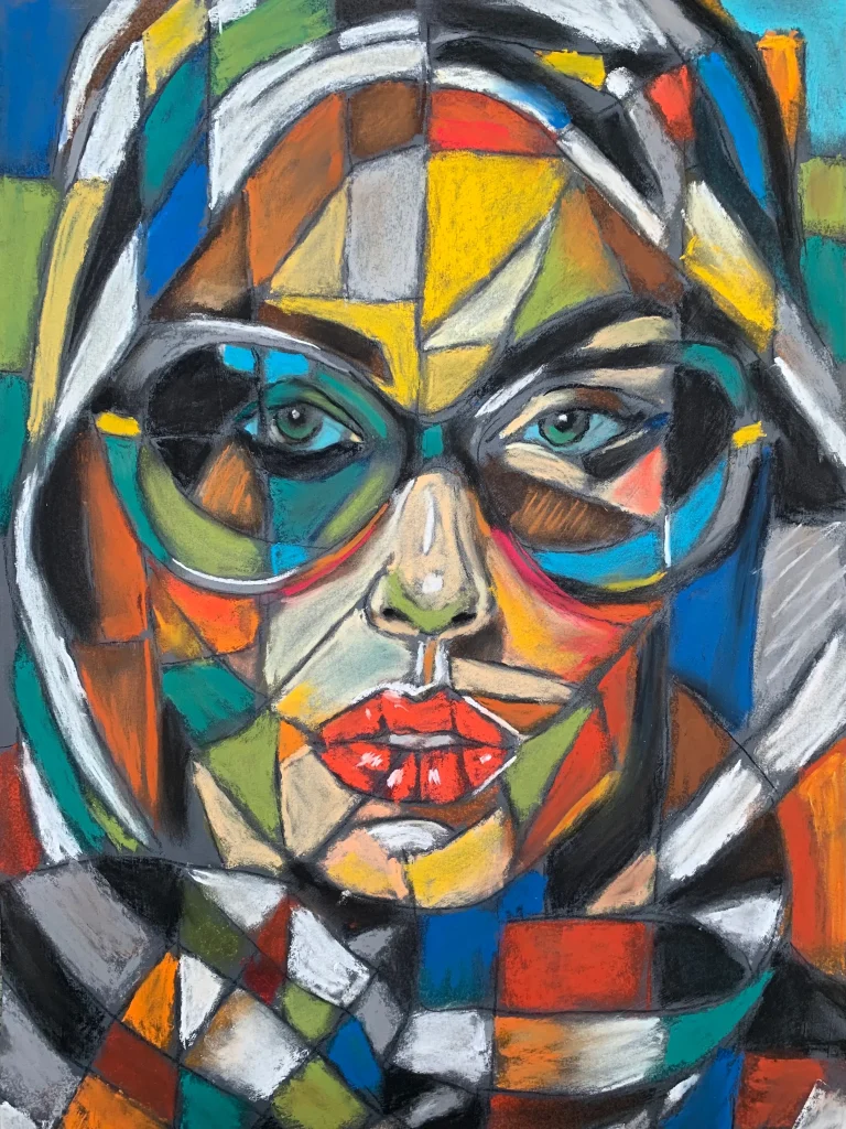 Vibrant abstract cubist portrait painting of a woman with glasses, red lips, and green eyes, composed of colorful geometric shapes.