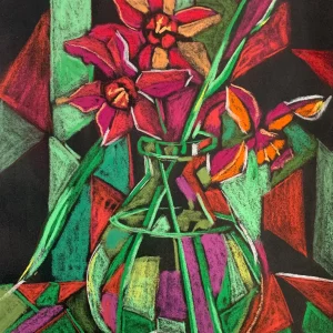 A vibrant cubist floral still life painting in soft pastel, depicting red flowers in a round glass vase against a geometric background of red and green facets.