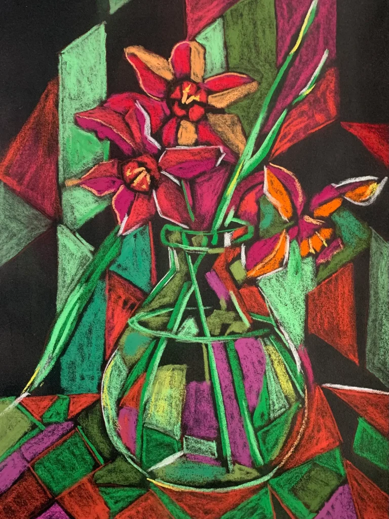 A vibrant cubist floral still life painting in soft pastel, depicting red flowers in a round glass vase against a geometric background of red and green facets.