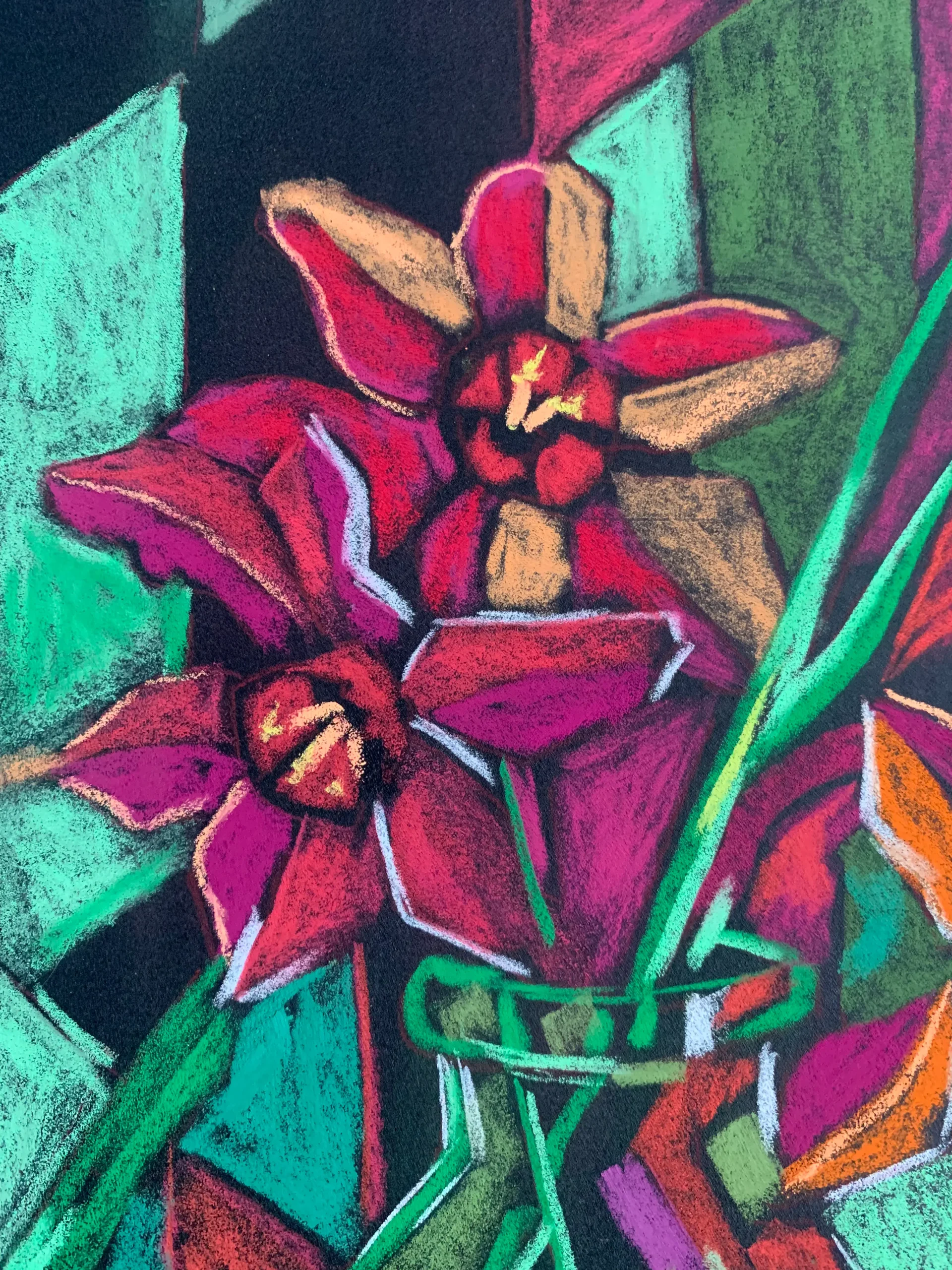 A vibrant cubist floral still life painting in soft pastel, depicting red flowers in a round glass vase against a geometric background of red and green facets.