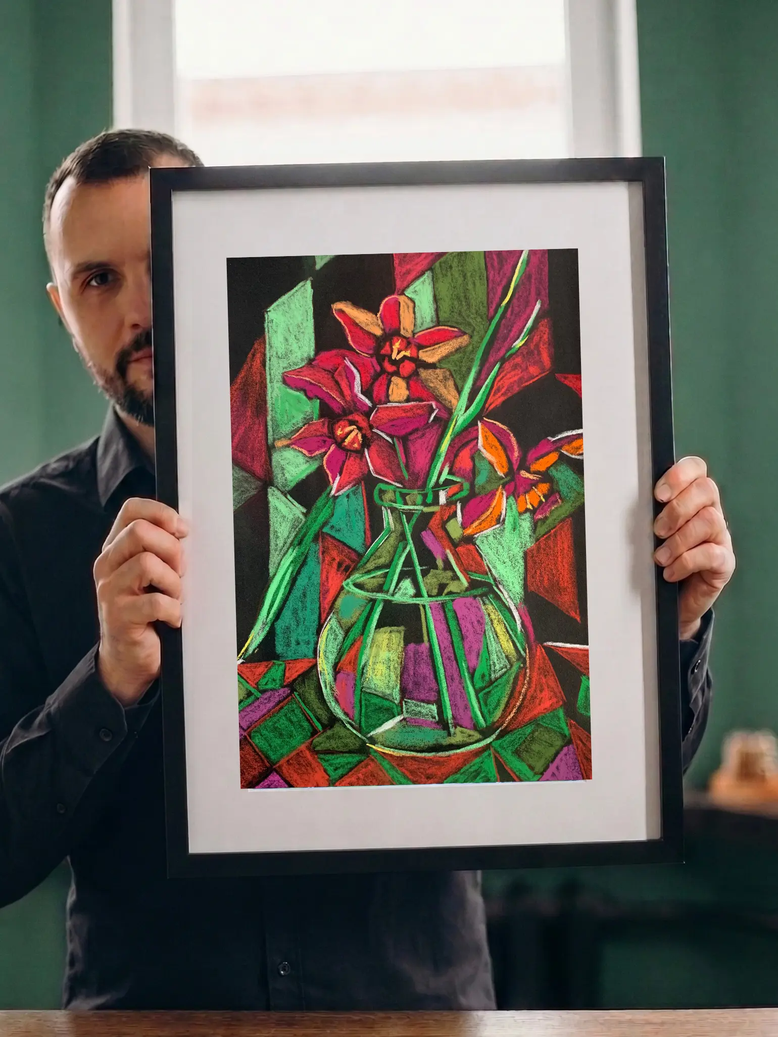 A vibrant cubist floral still life painting in soft pastel, depicting red flowers in a round glass vase against a geometric background of red and green facets.