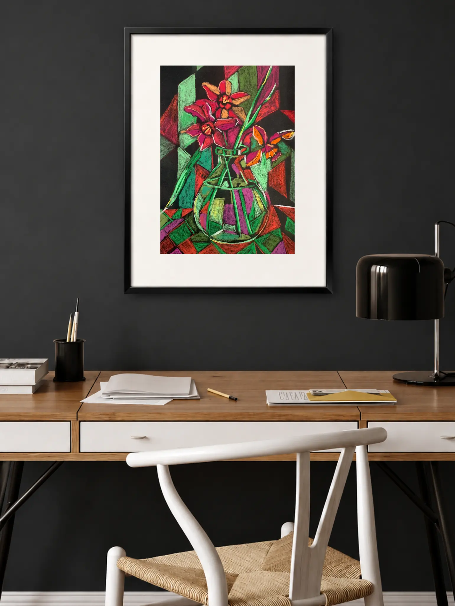 A vibrant cubist floral still life painting in soft pastel, depicting red flowers in a round glass vase against a geometric background of red and green facets.
