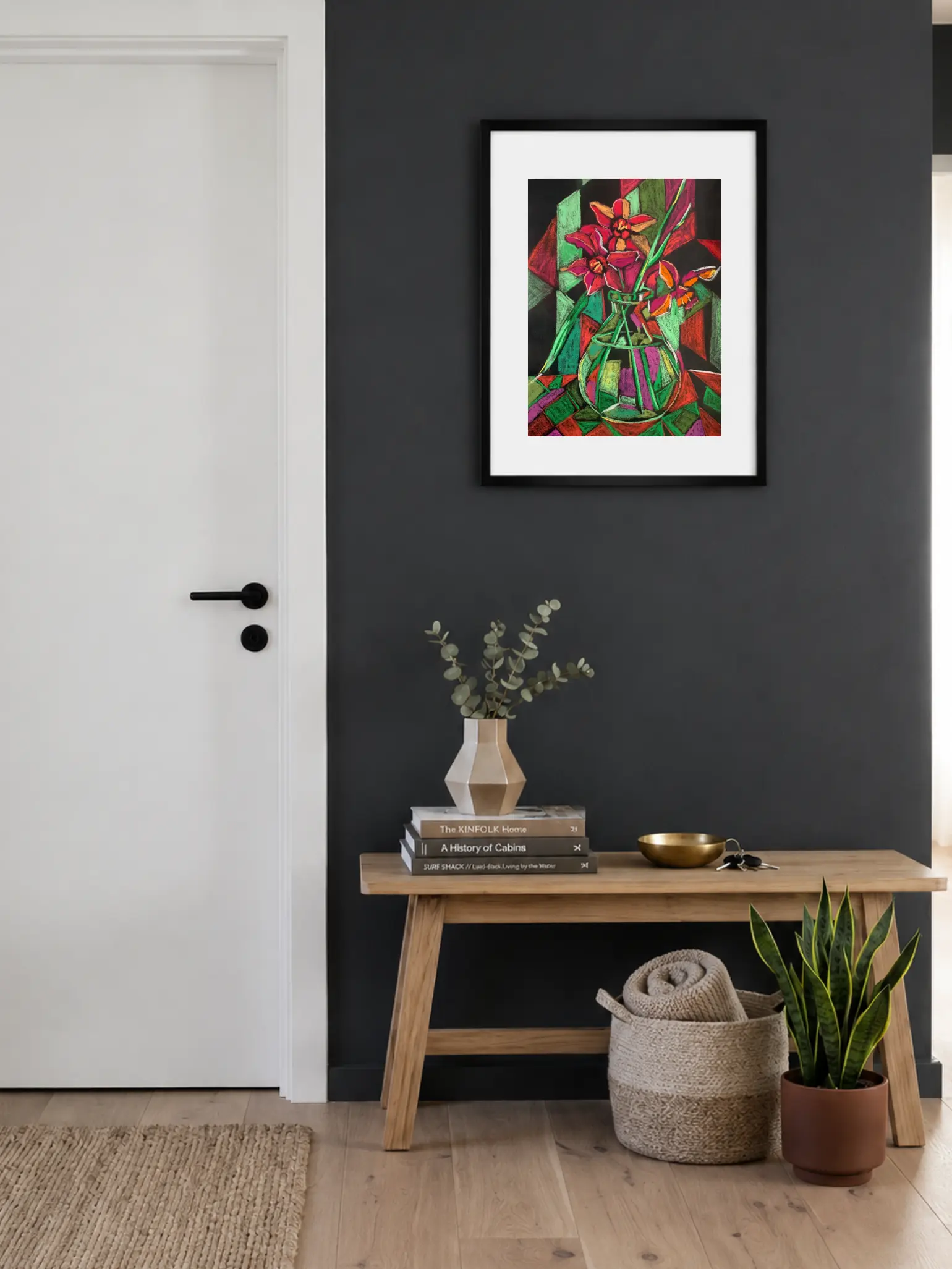 A vibrant cubist floral still life painting in soft pastel, depicting red flowers in a round glass vase against a geometric background of red and green facets.