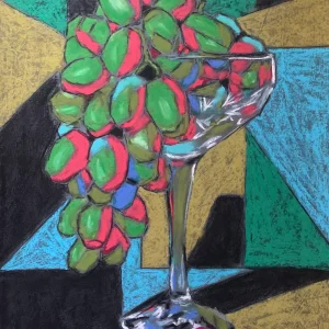 An original cubist still life painting in soft pastel by Savchenko, depicting green and pink grapes in a glass chalice against a geometric background of blue, green, gold, and black.