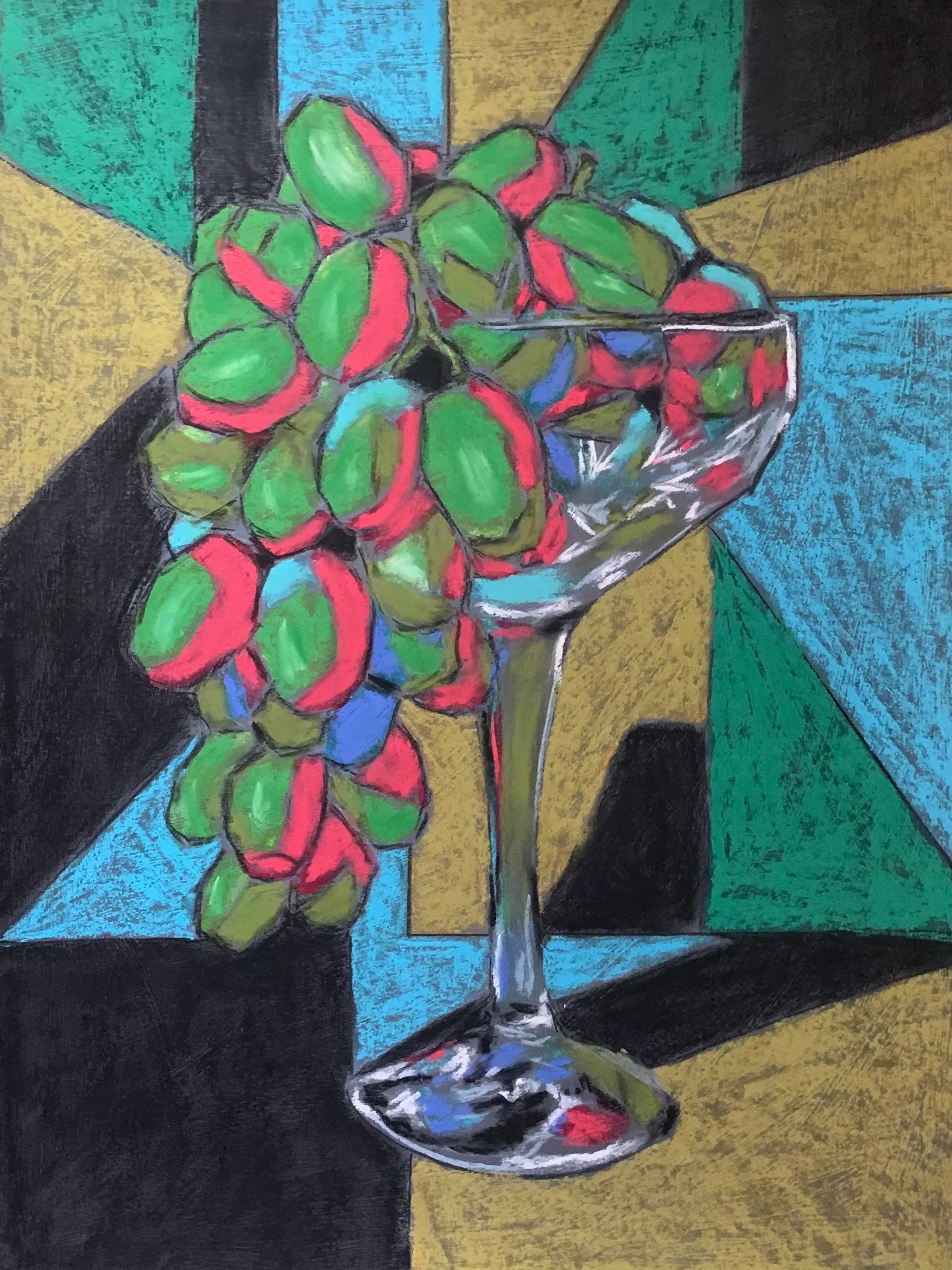An original cubist still life painting in soft pastel by Savchenko, depicting green and pink grapes in a glass chalice against a geometric background of blue, green, gold, and black.