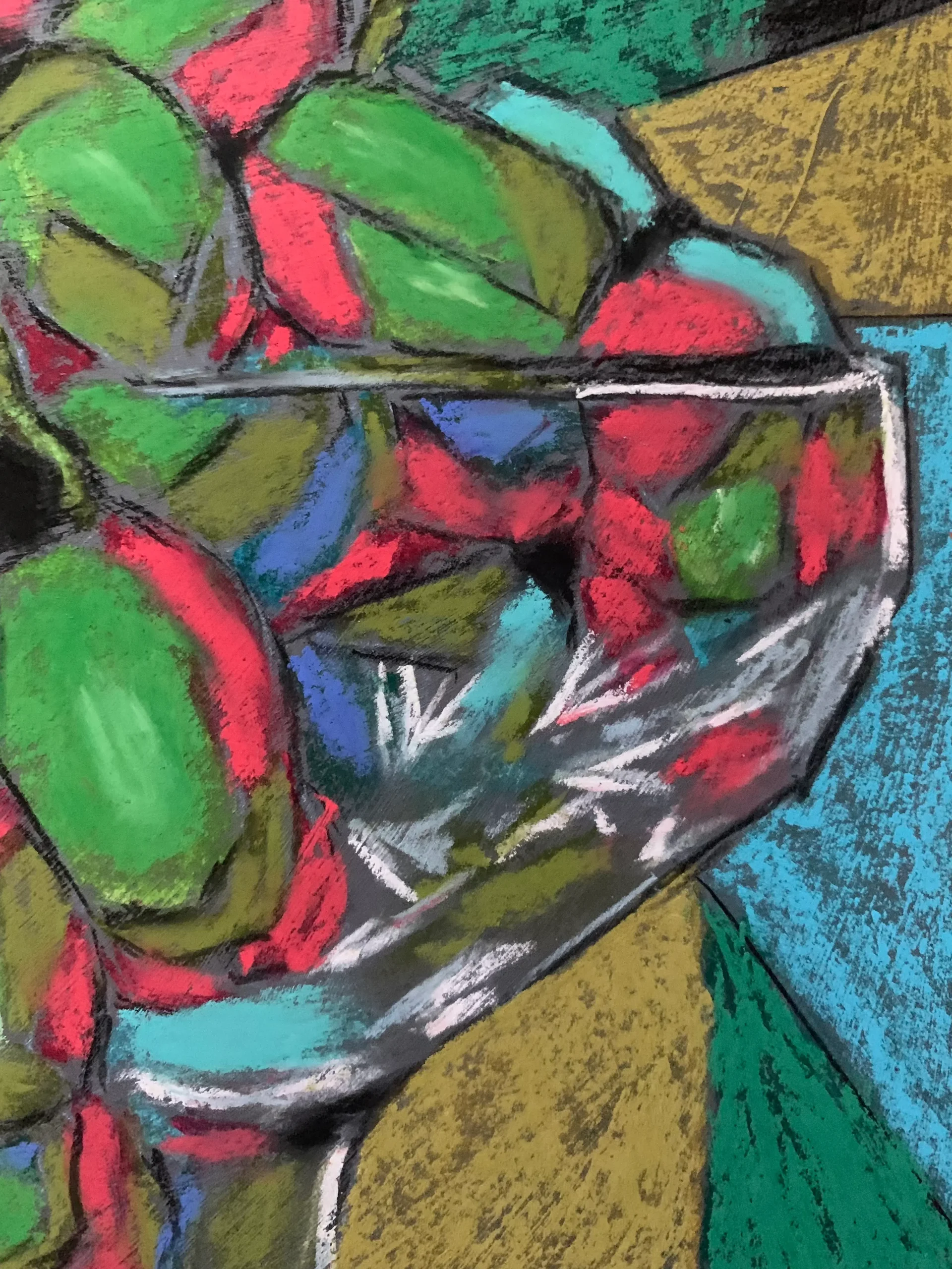 An original cubist still life painting in soft pastel by Savchenko, depicting green and pink grapes in a glass chalice against a geometric background of blue, green, gold, and black.