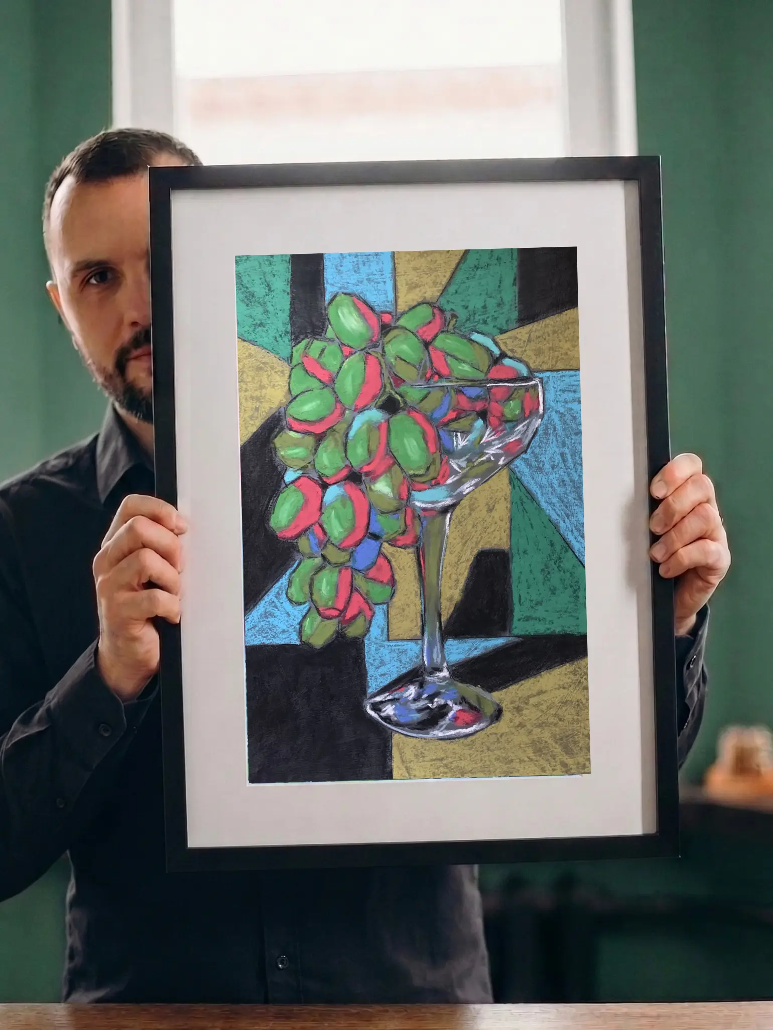 An original cubist still life painting in soft pastel by Savchenko, depicting green and pink grapes in a glass chalice against a geometric background of blue, green, gold, and black.