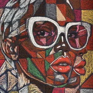 An original cubist portrait painting with glasses, depicting a woman with large white sunglasses, red lips, and a colorful geometric pattern backdrop.
