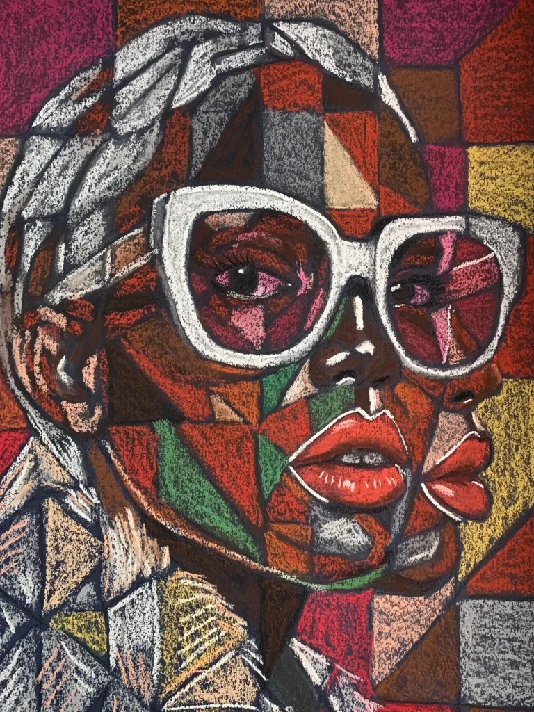 Cubist portrait with white glasses, warm-toned soft pastel painting