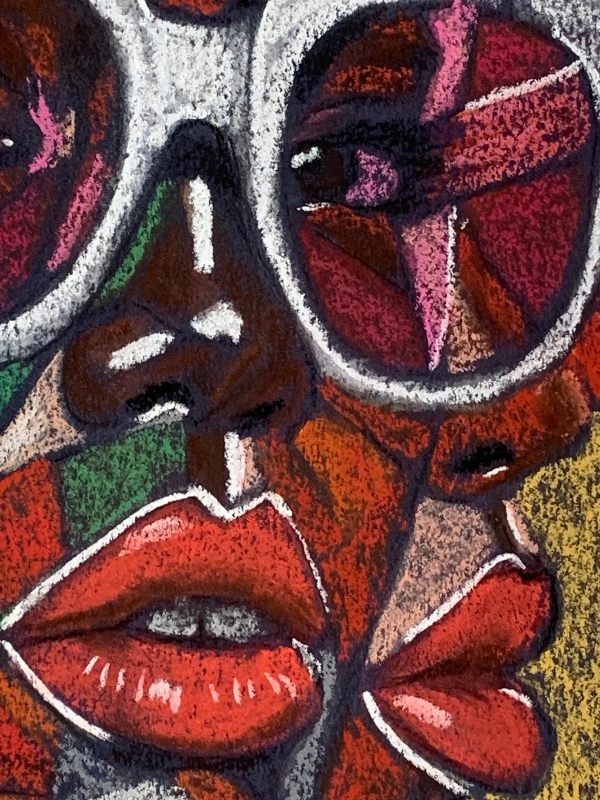 An original cubist portrait painting with glasses, depicting a woman with large white sunglasses, red lips, and a colorful geometric pattern backdrop.