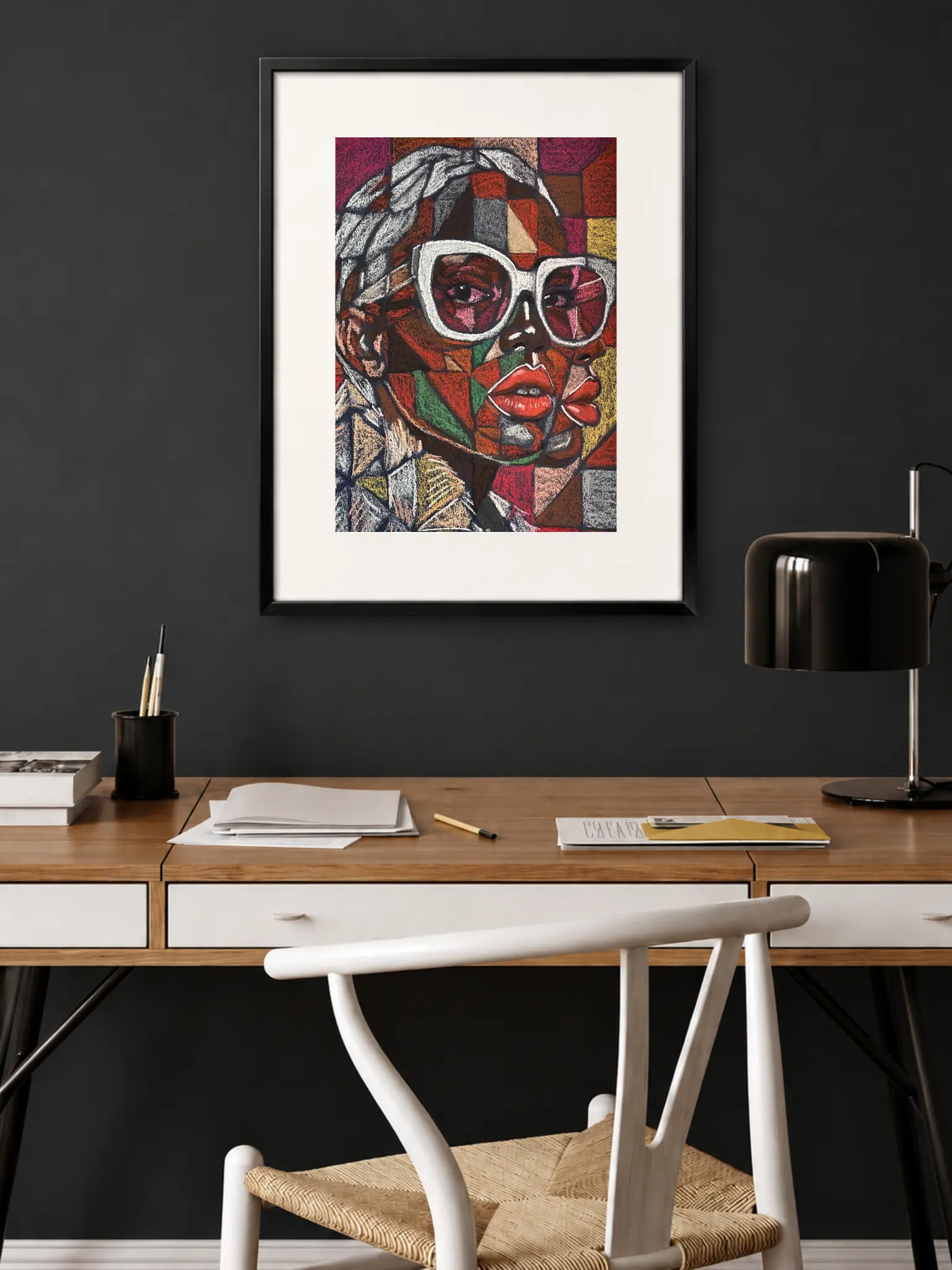 An original cubist portrait painting with glasses, depicting a woman with large white sunglasses, red lips, and a colorful geometric pattern backdrop.