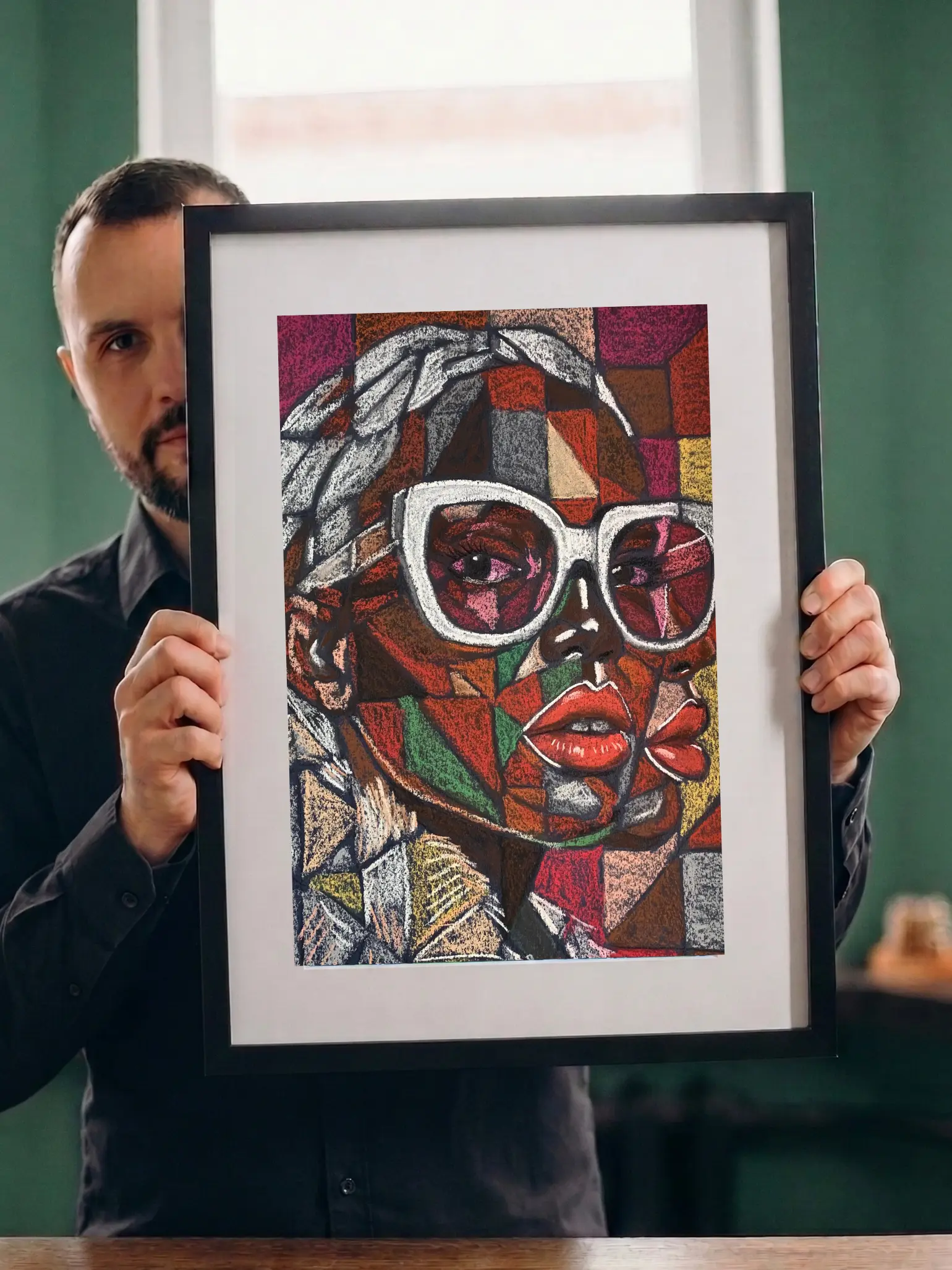An original cubist portrait painting with glasses, depicting a woman with large white sunglasses, red lips, and a colorful geometric pattern backdrop.