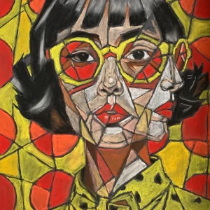 An original cubist portrait painting with yellow glasses, depicting a woman with dark hair, red lips, and a geometric yellow and red patterned background.