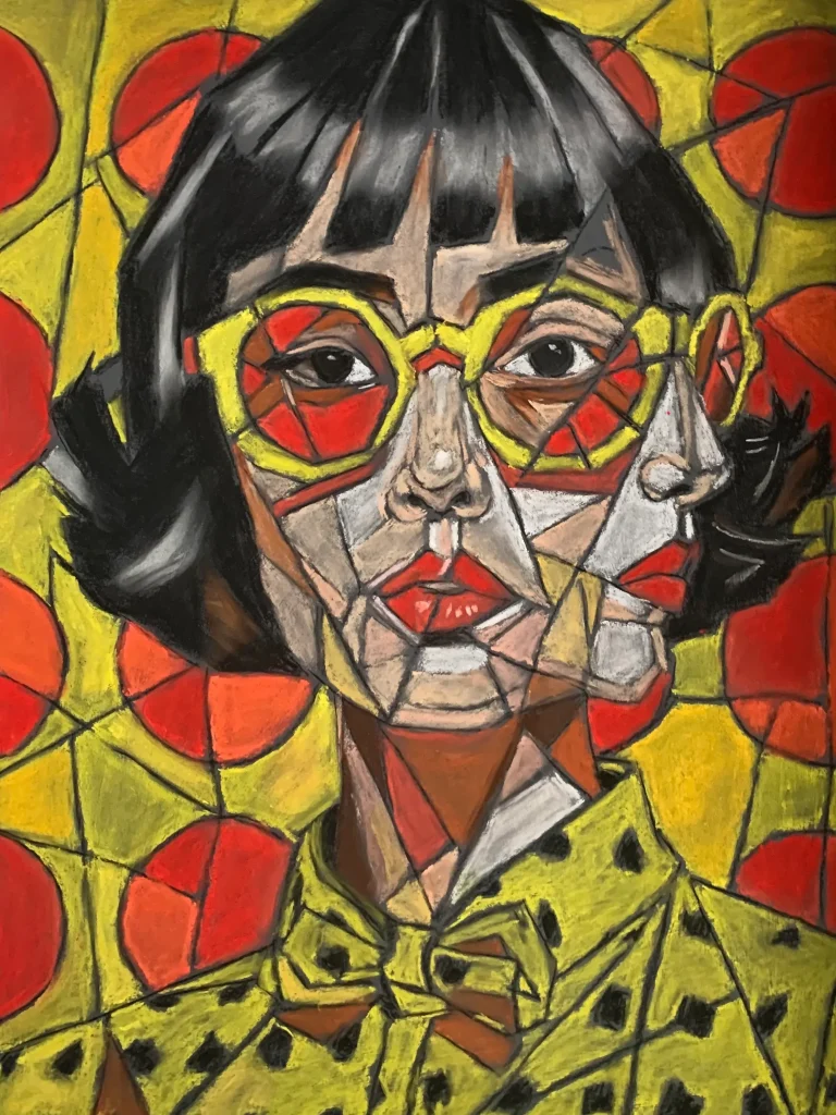 Portrait with Yellow Glasses — original cubist pastel painting by Volodymyr Savchenko