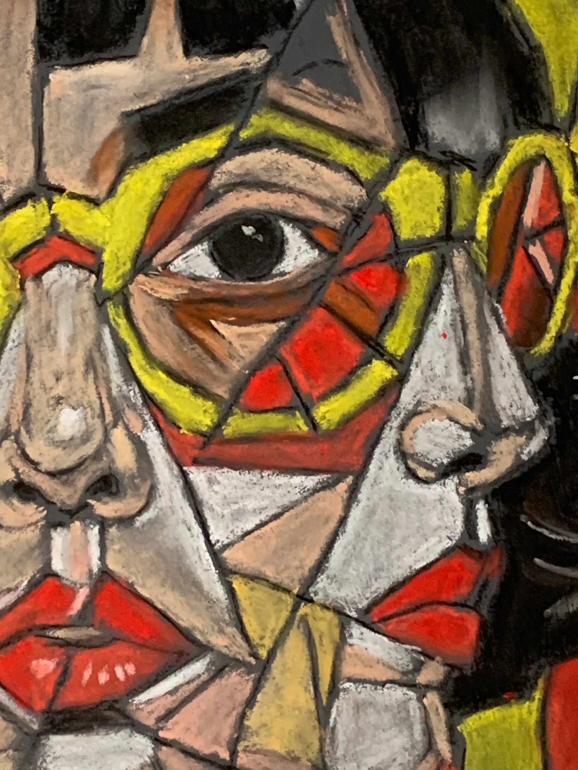 An original cubist portrait painting with yellow glasses, depicting a woman with dark hair, red lips, and a geometric yellow and red patterned background.