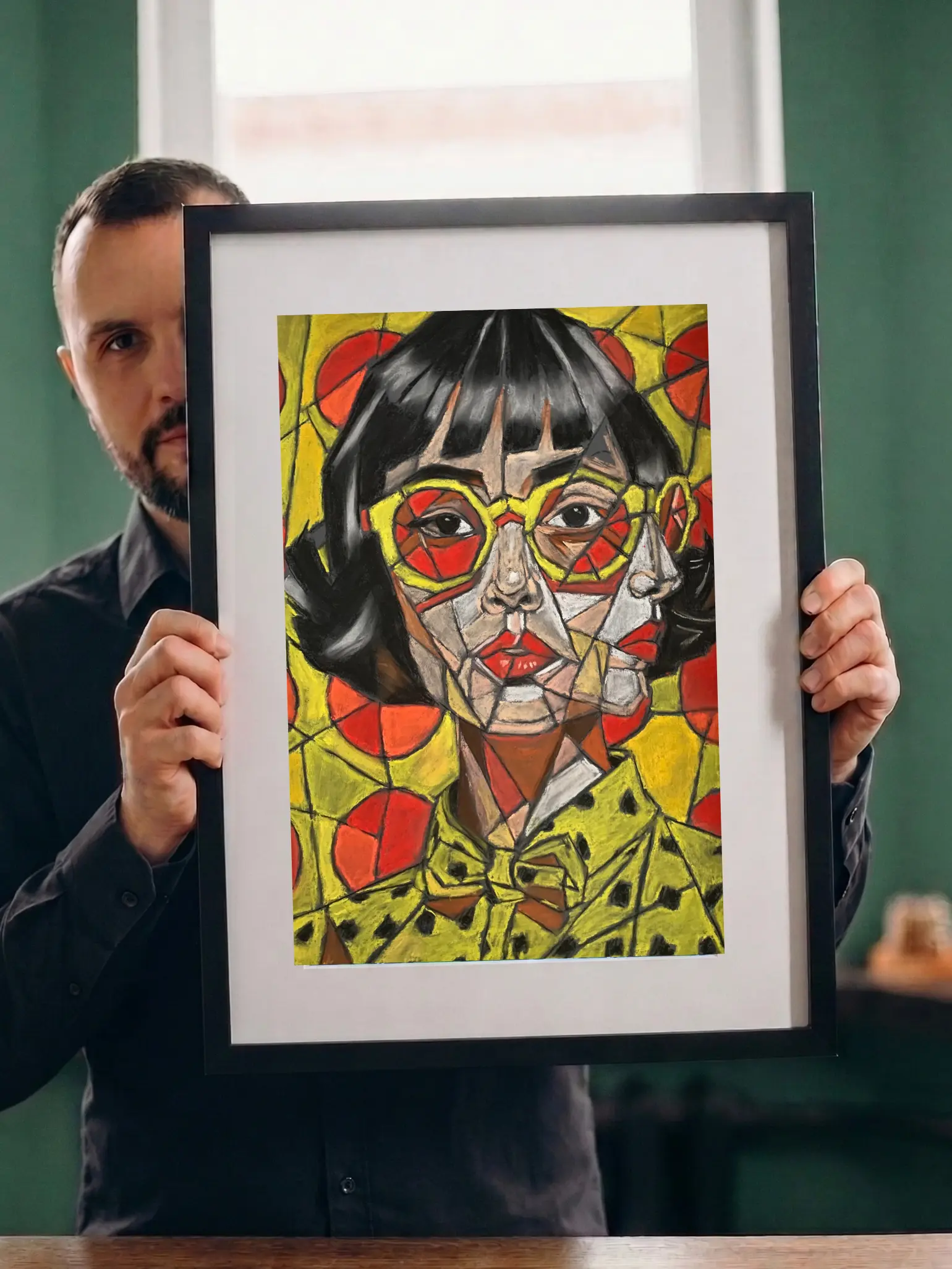 An original cubist portrait painting with yellow glasses, depicting a woman with dark hair, red lips, and a geometric yellow and red patterned background.