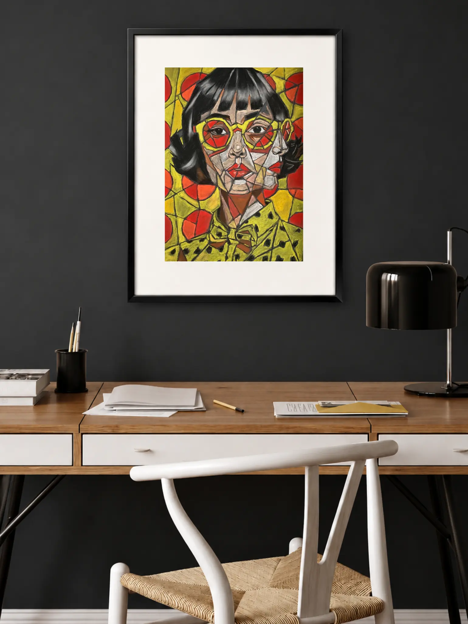 An original cubist portrait painting with yellow glasses, depicting a woman with dark hair, red lips, and a geometric yellow and red patterned background.