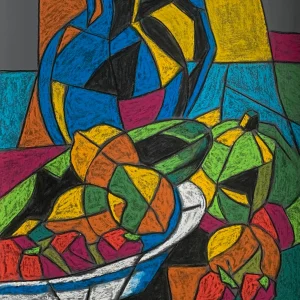 An original cubist still life painting with blue jug, showcasing a geometric pitcher next to a bowl of colorful fractured fruit and a green pumpkin.