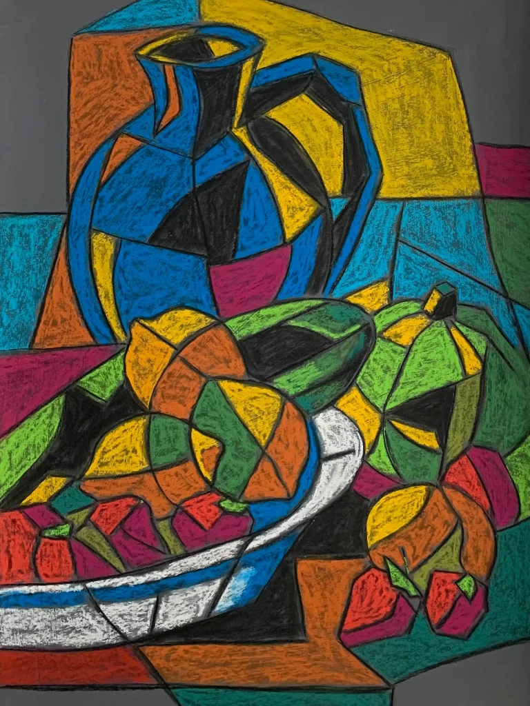 An original cubist still life painting with blue jug, showcasing a geometric pitcher next to a bowl of colorful fractured fruit and a green pumpkin.