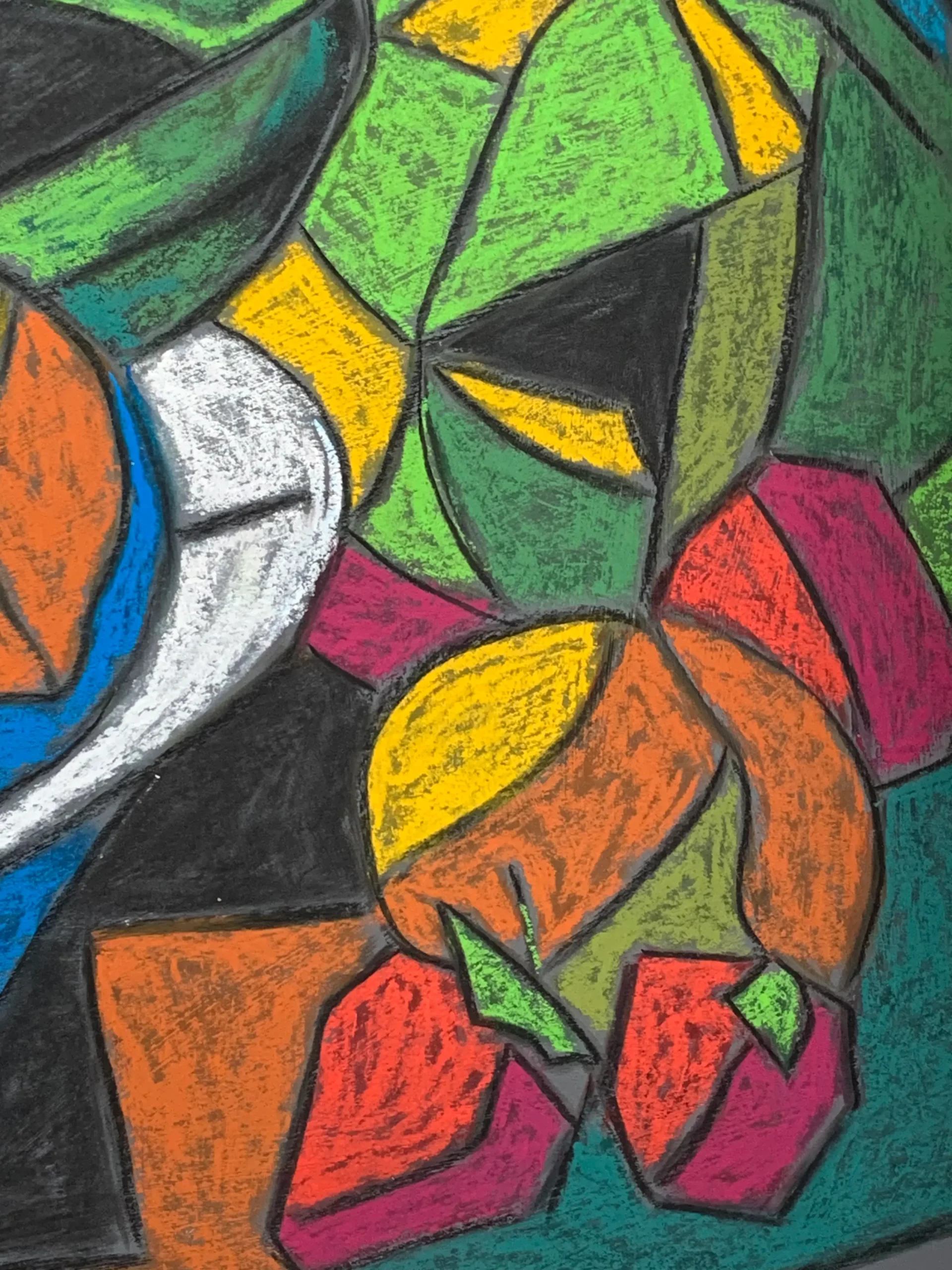 An original cubist still life painting with blue jug, showcasing a geometric pitcher next to a bowl of colorful fractured fruit and a green pumpkin.