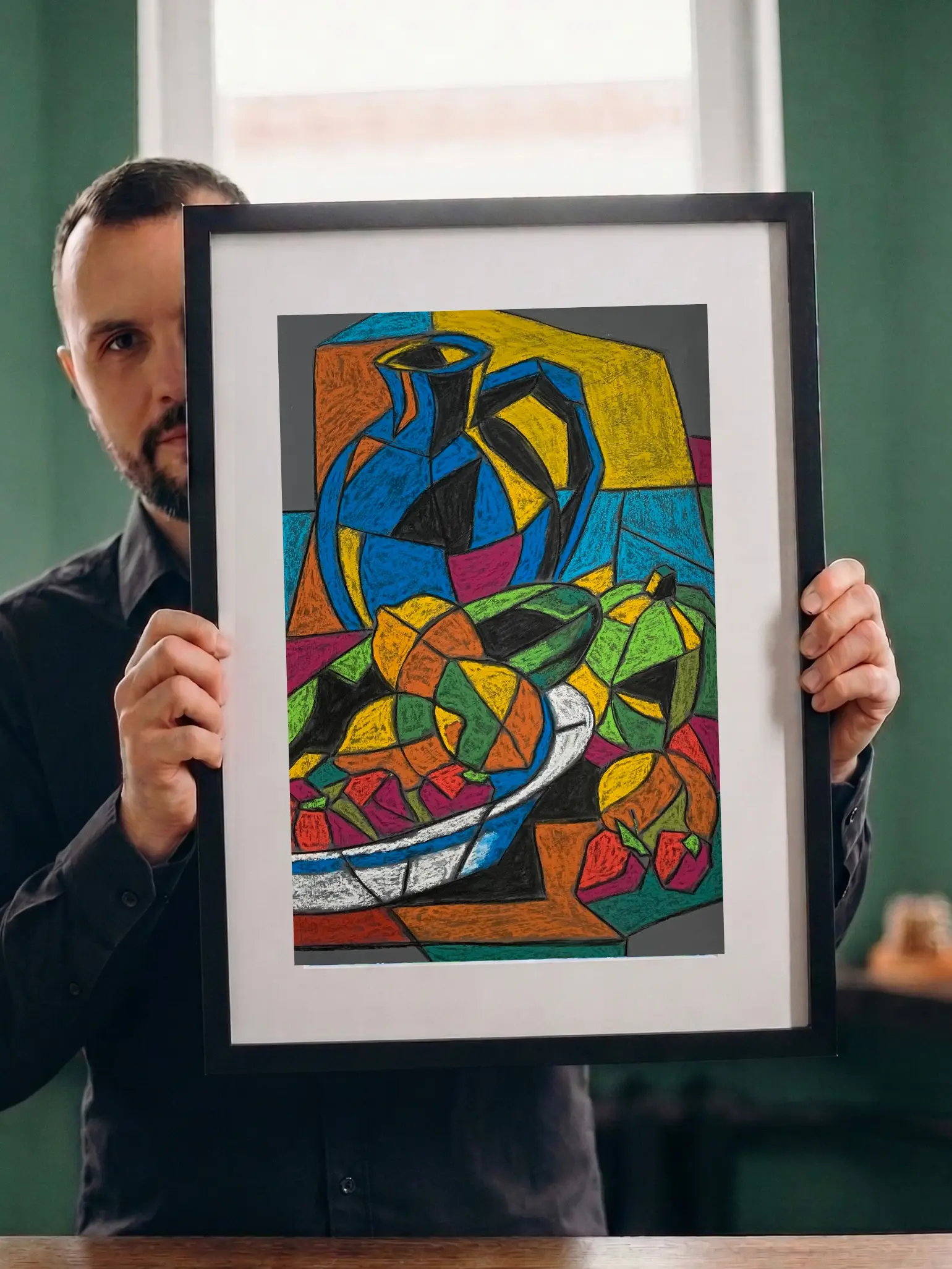 An original cubist still life painting with blue jug, showcasing a geometric pitcher next to a bowl of colorful fractured fruit and a green pumpkin.
