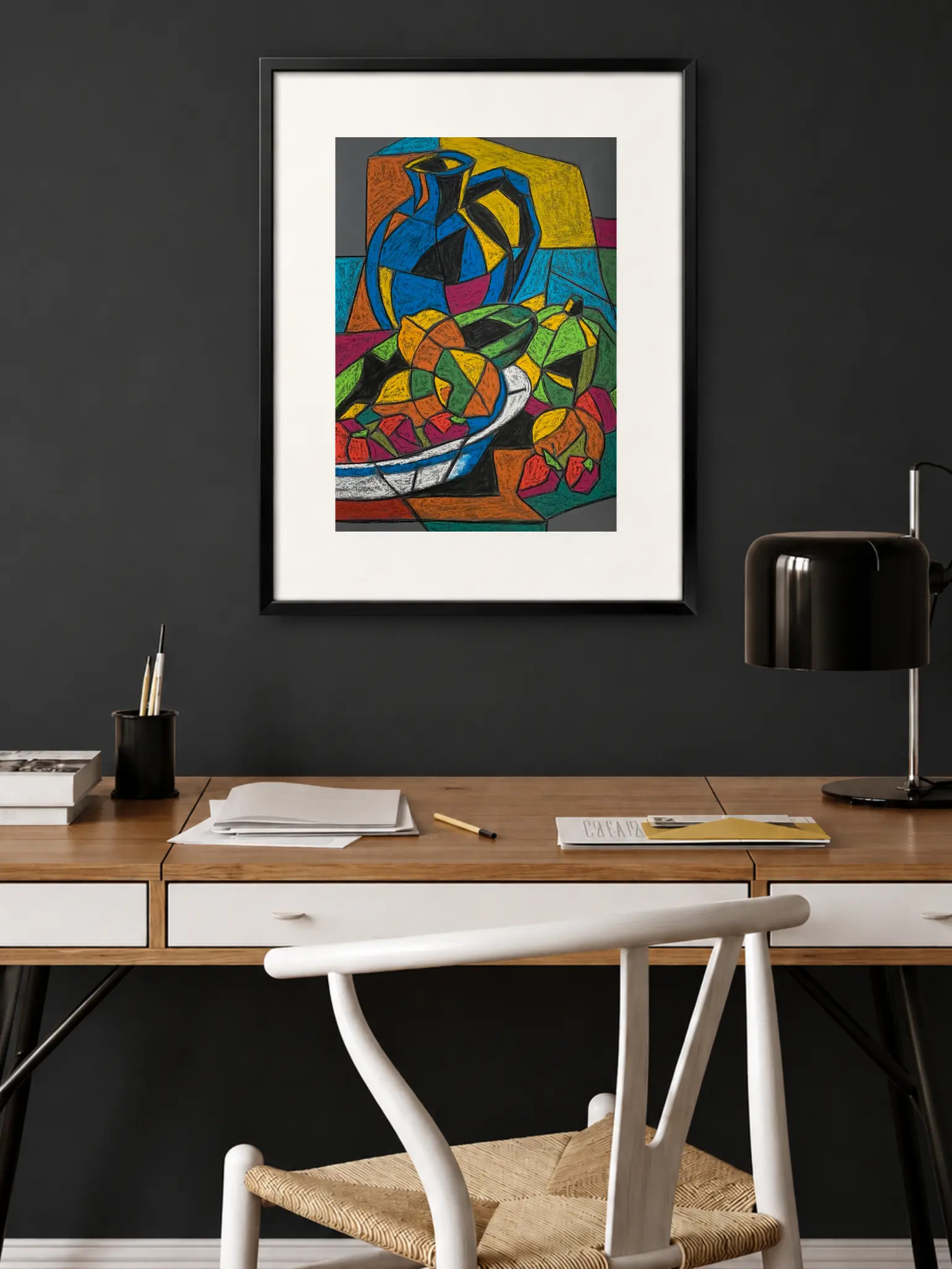 An original cubist still life painting with blue jug, showcasing a geometric pitcher next to a bowl of colorful fractured fruit and a green pumpkin.