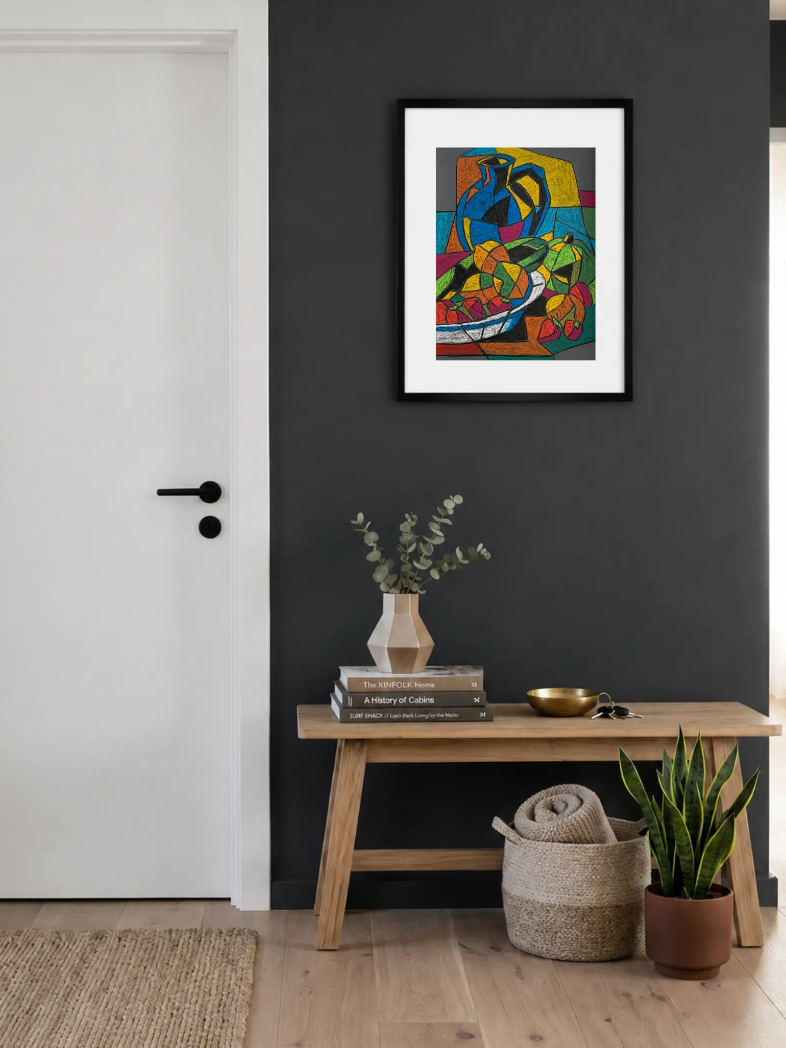 An original cubist still life painting with blue jug, showcasing a geometric pitcher next to a bowl of colorful fractured fruit and a green pumpkin.