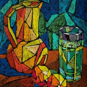 An original cubist still life painting with jug, showcasing a geometric yellow and orange pitcher next to a green glass with a lime slice on a brown table.