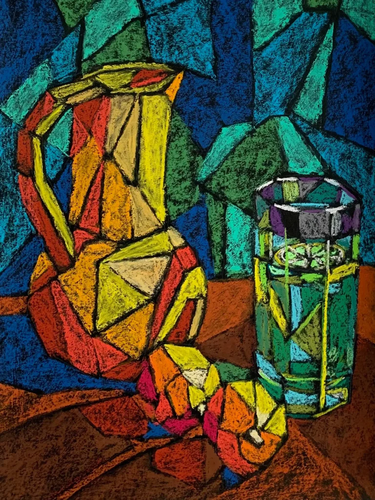 Cubist still life with jug, glass and fruit, soft pastel painting