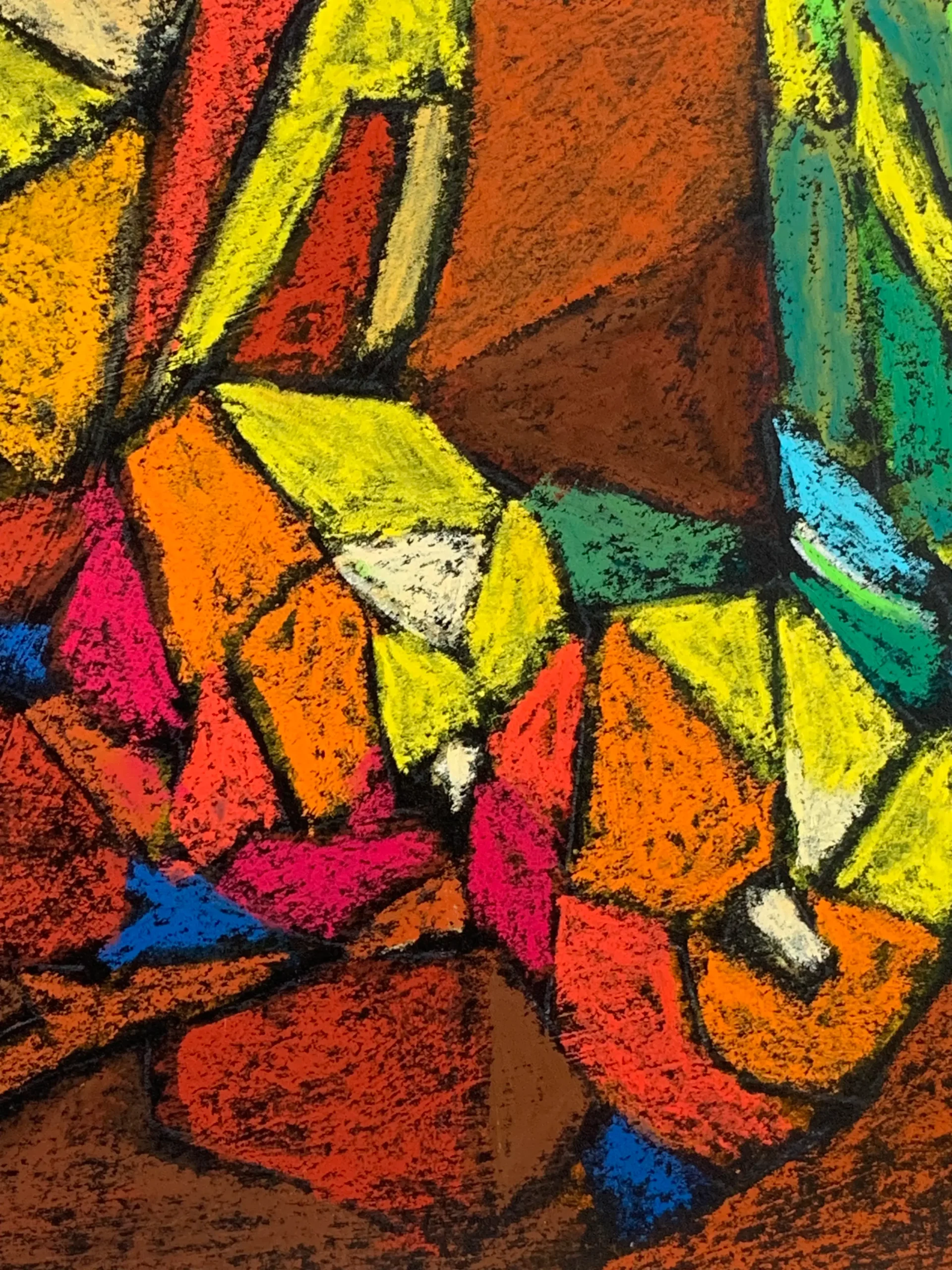 An original cubist still life painting with jug, showcasing a geometric yellow and orange pitcher next to a green glass with a lime slice on a brown table.