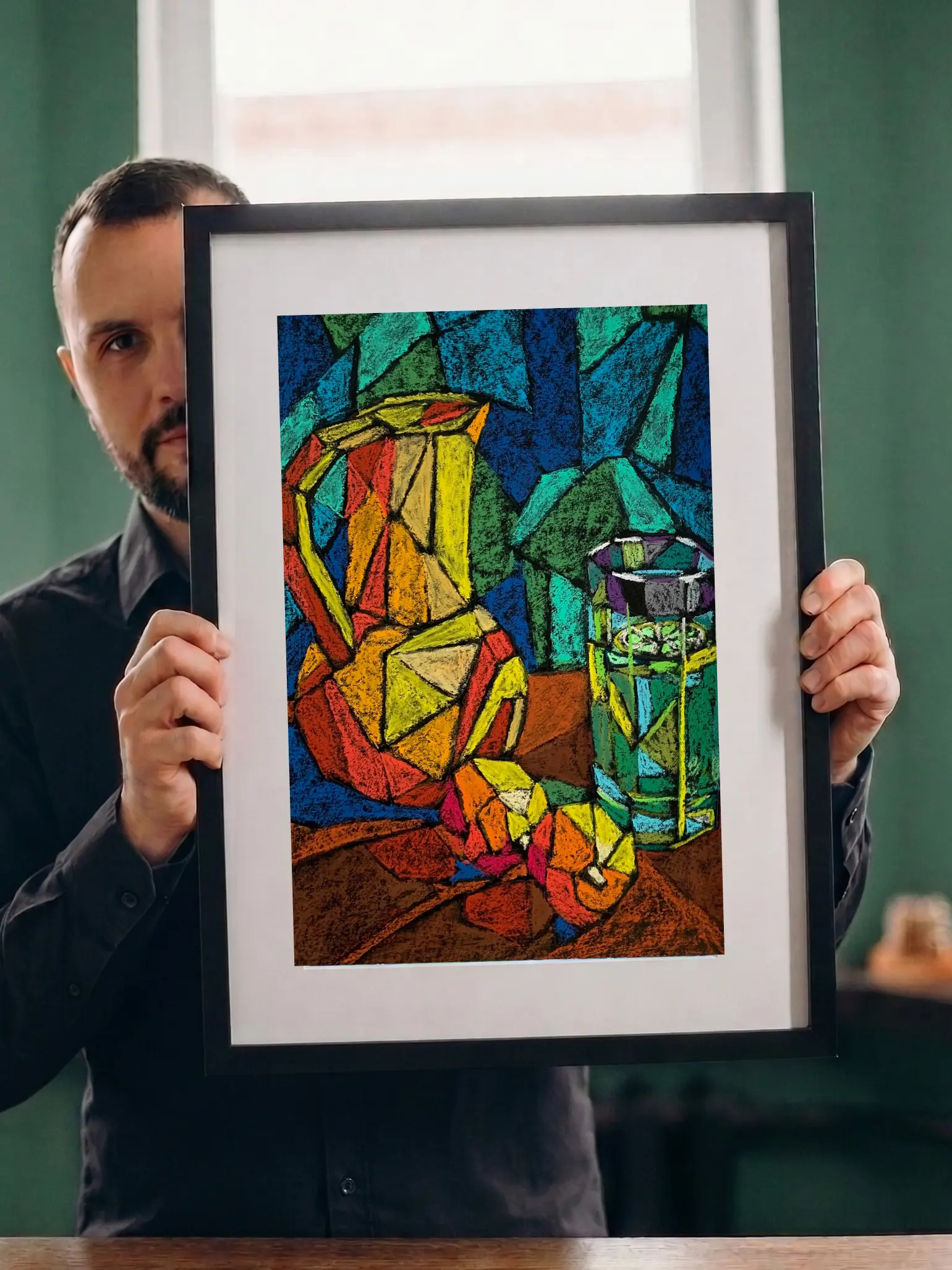 An original cubist still life painting with jug, showcasing a geometric yellow and orange pitcher next to a green glass with a lime slice on a brown table.