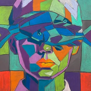An original cubist surreal portrait painting in soft pastel, depicting a colorful geometric face with a blue fish over the eyes against a checkered background.