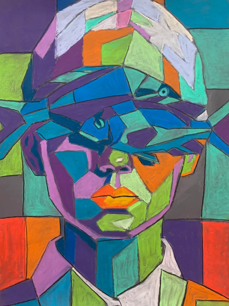 An original cubist surreal portrait painting in soft pastel, depicting a colorful geometric face with a blue fish over the eyes against a checkered background.