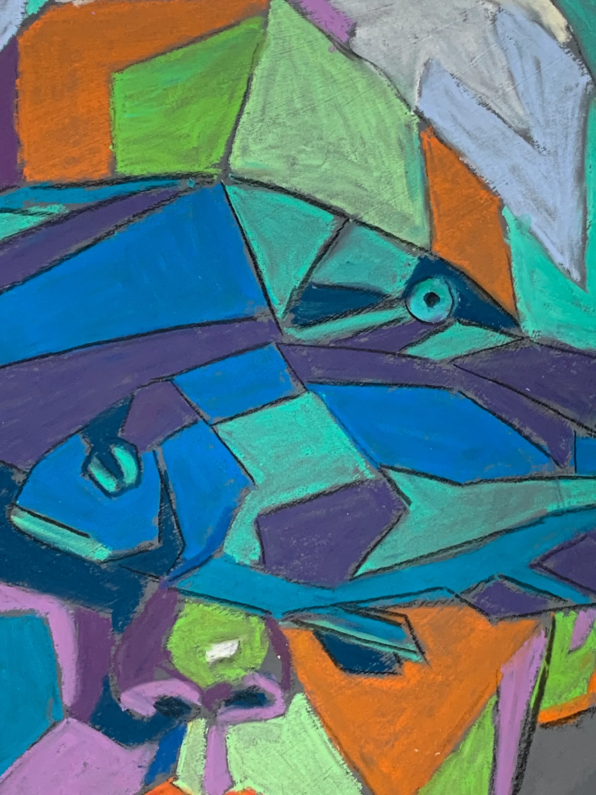 An original cubist surreal portrait painting in soft pastel, depicting a colorful geometric face with a blue fish over the eyes against a checkered background.