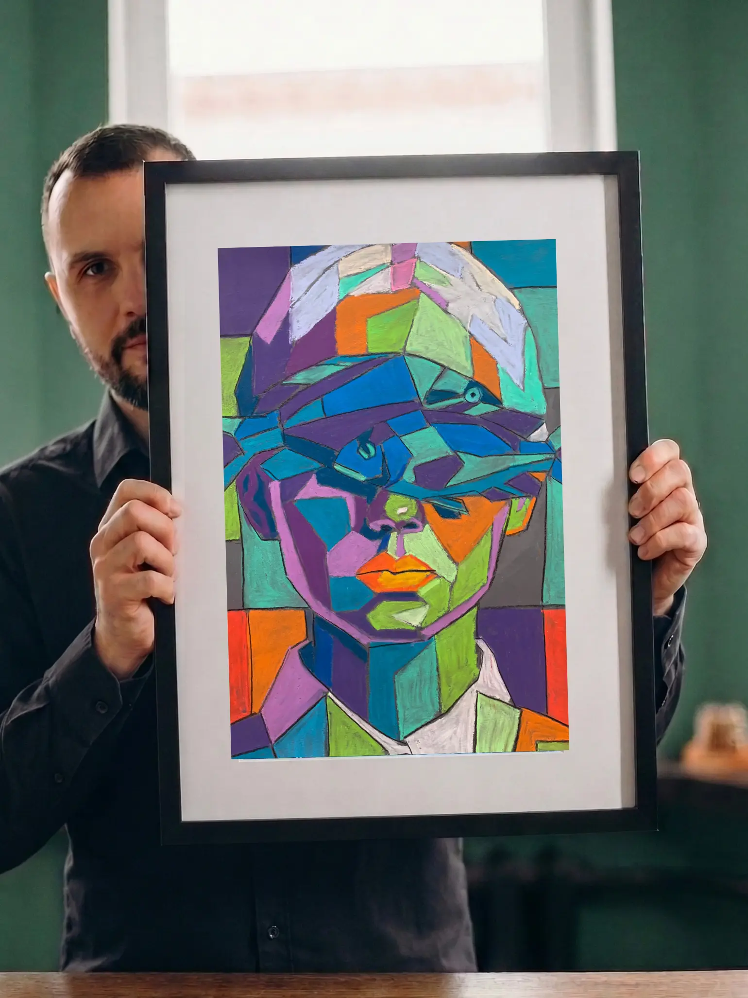 An original cubist surreal portrait painting in soft pastel, depicting a colorful geometric face with a blue fish over the eyes against a checkered background.