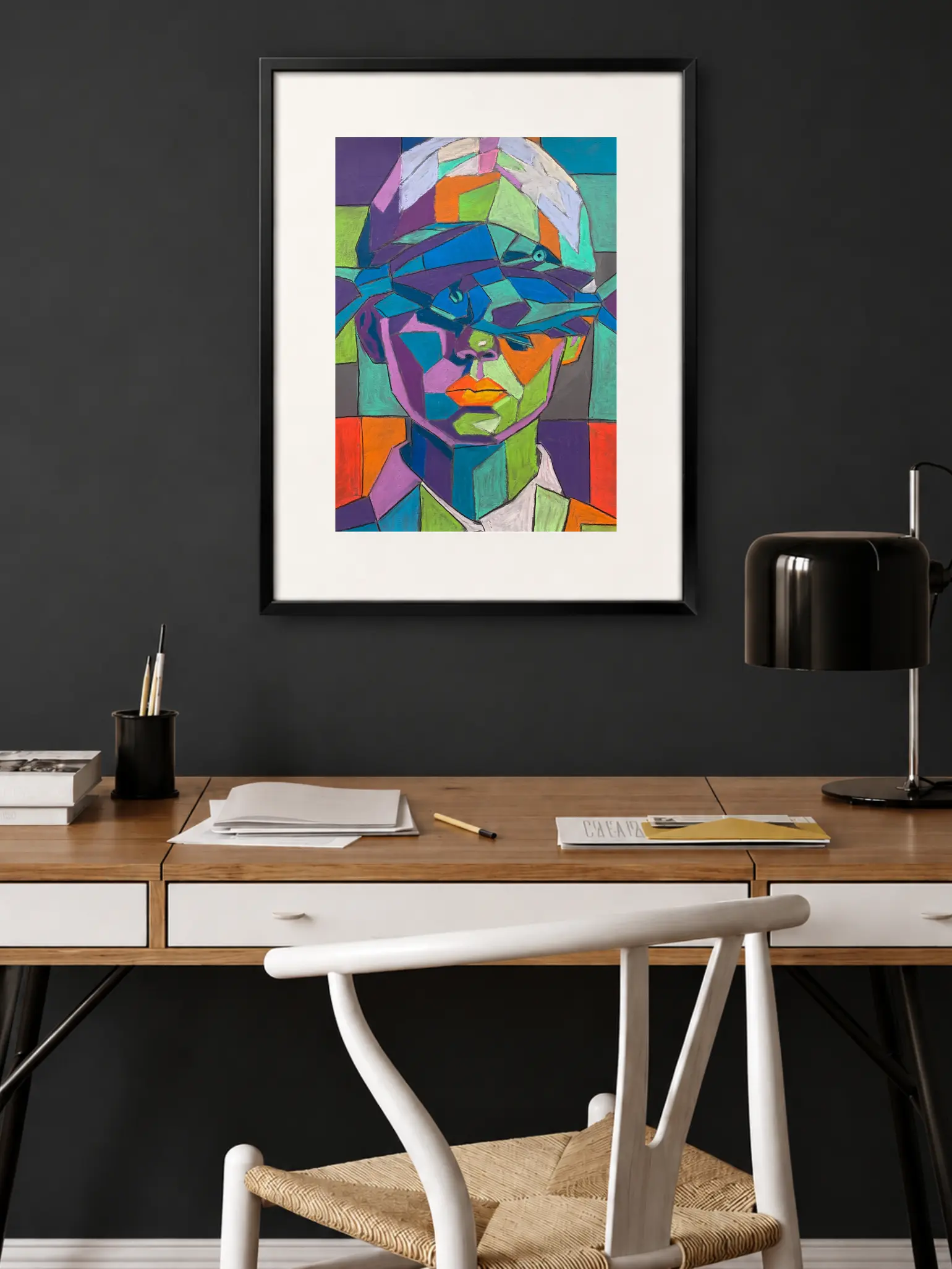 An original cubist surreal portrait painting in soft pastel, depicting a colorful geometric face with a blue fish over the eyes against a checkered background.