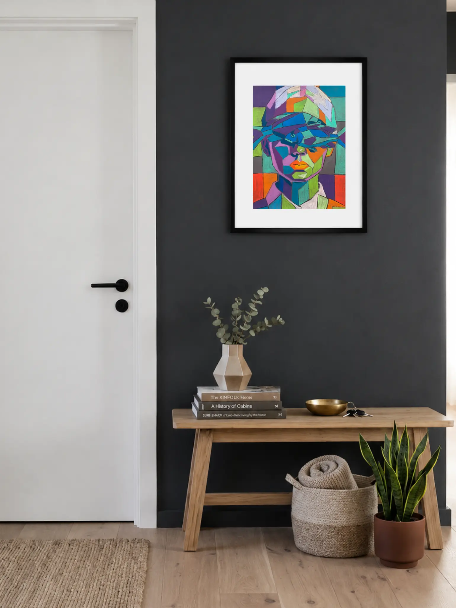 An original cubist surreal portrait painting in soft pastel, depicting a colorful geometric face with a blue fish over the eyes against a checkered background.
