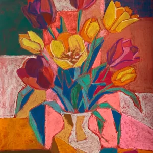 An original cubist tulips still life painting in soft pastel, showcasing a geometric vase with vibrant yellow, red, and purple tulips against a patterned background.