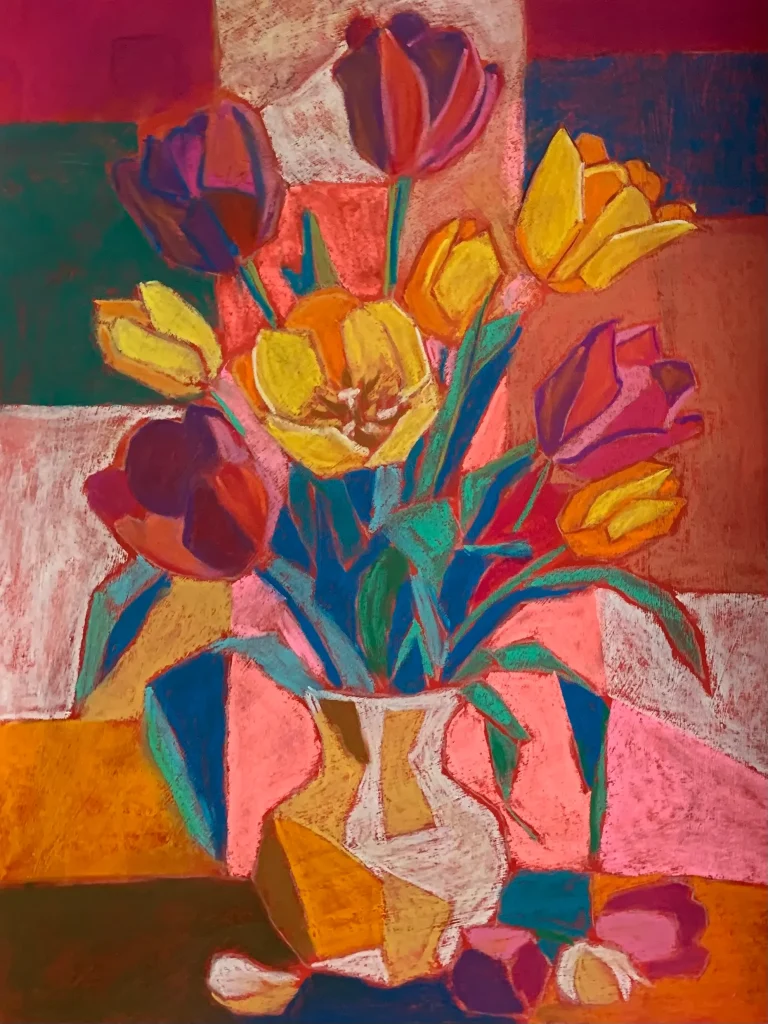 Tulips Still Life — original cubist pastel painting of tulips in a vase by Volodymyr Savchenko