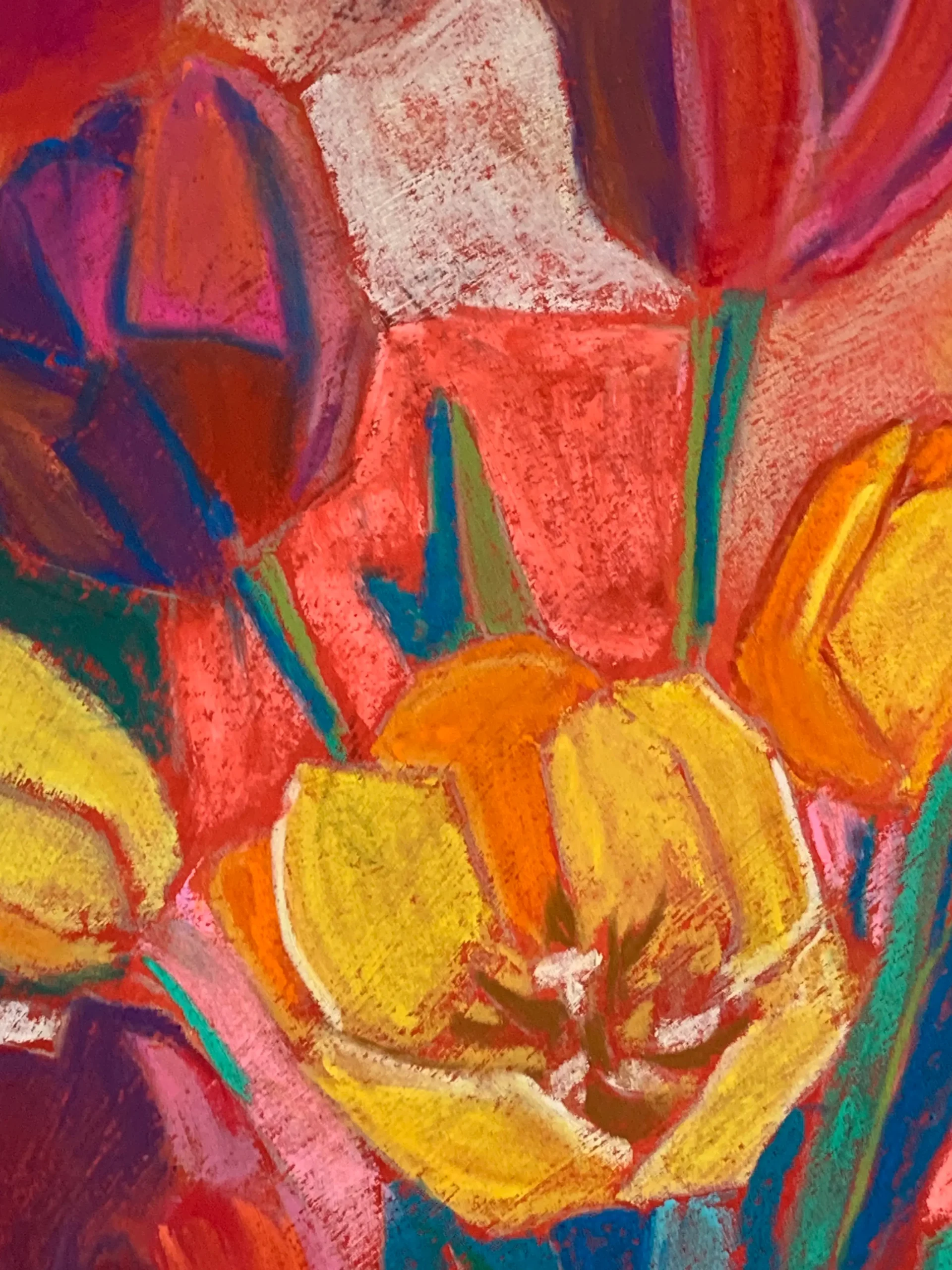 An original cubist tulips still life painting in soft pastel, showcasing a geometric vase with vibrant yellow, red, and purple tulips against a patterned background.