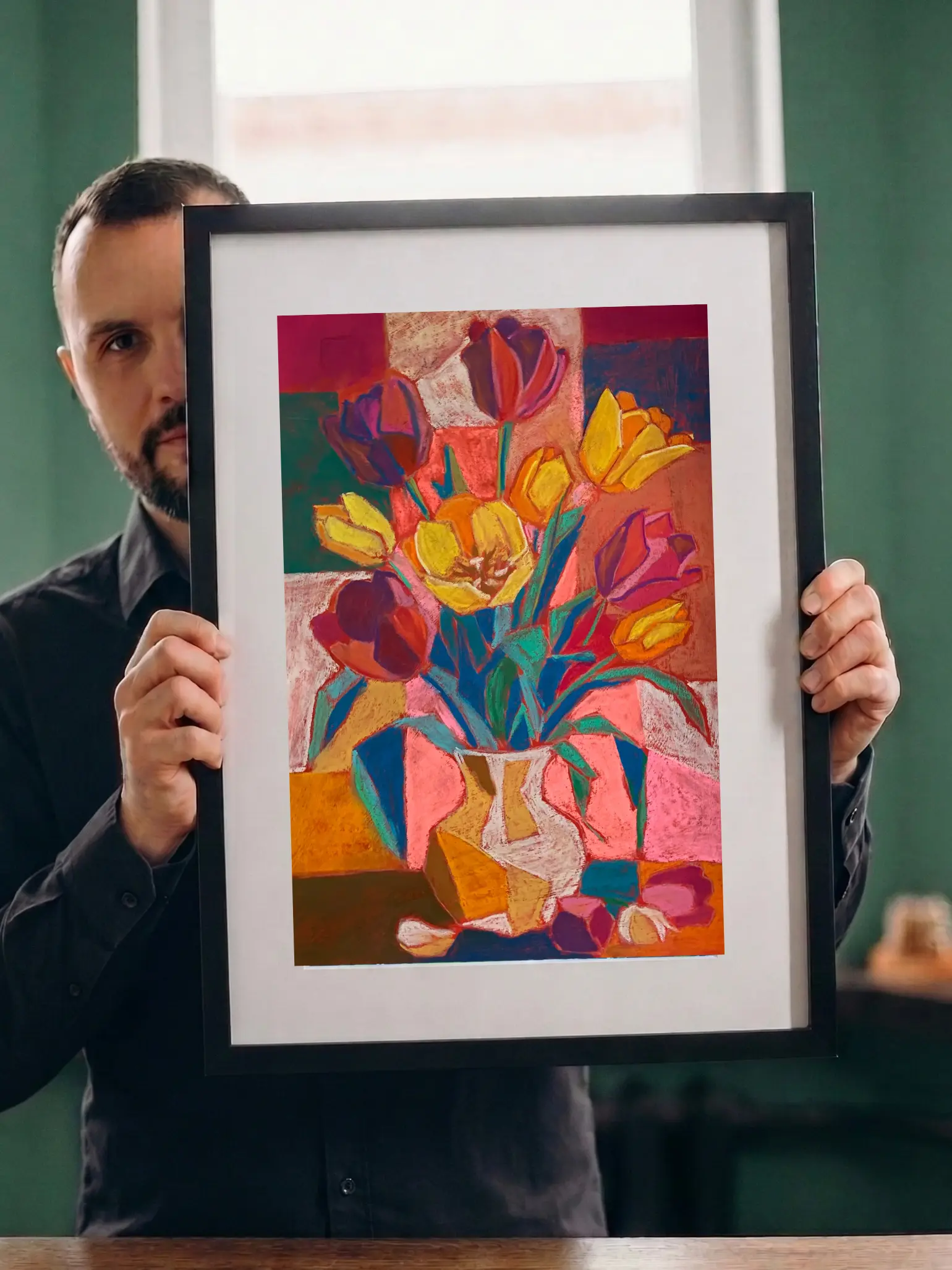 An original cubist tulips still life painting in soft pastel, showcasing a geometric vase with vibrant yellow, red, and purple tulips against a patterned background.