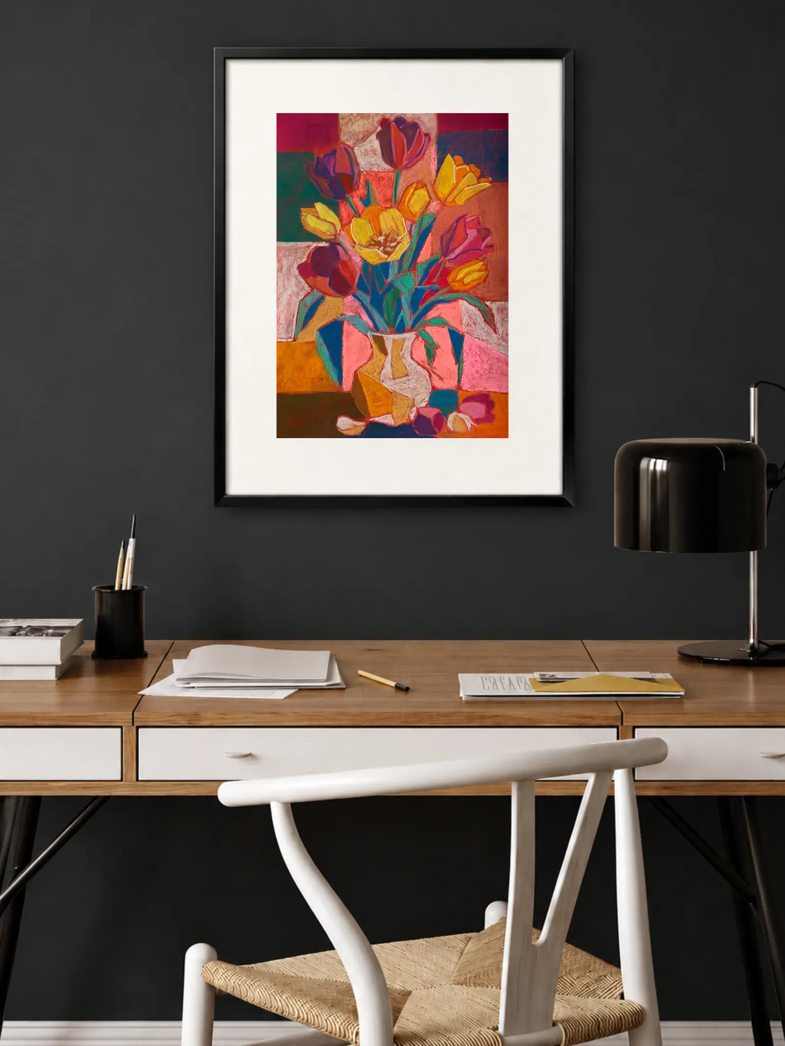An original cubist tulips still life painting in soft pastel, showcasing a geometric vase with vibrant yellow, red, and purple tulips against a patterned background.